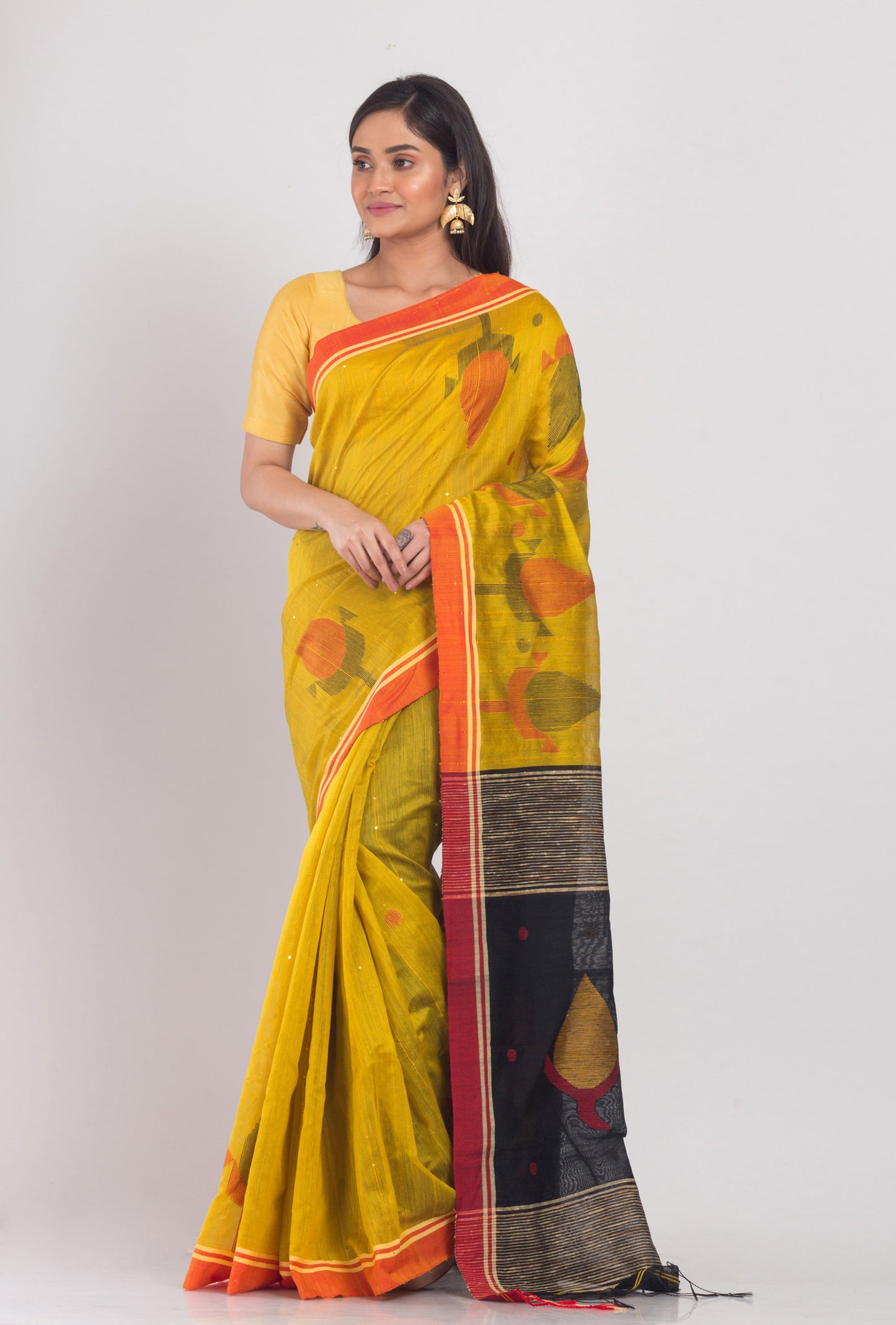 Yellow Blended Cotton Jamdani Saree