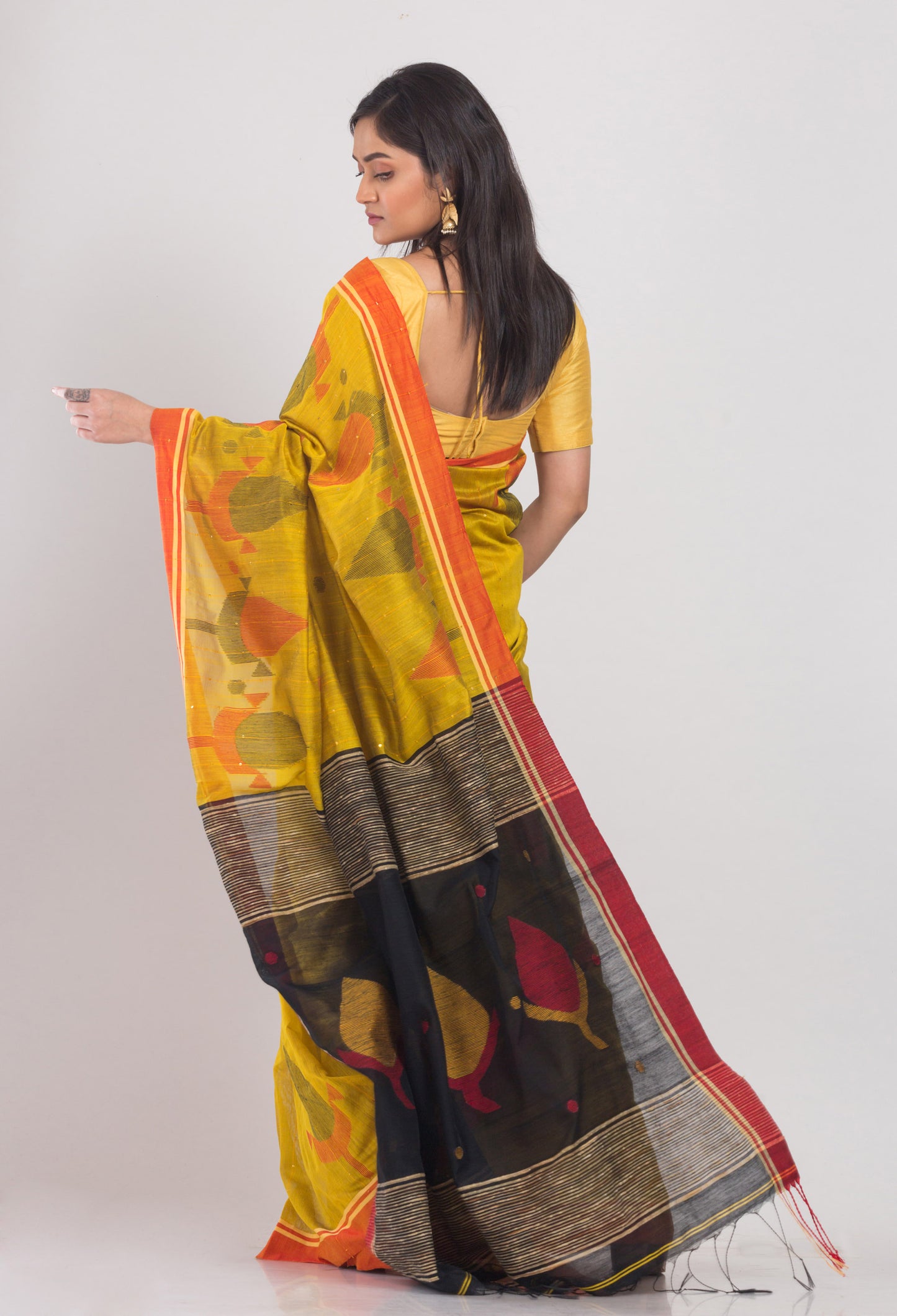 Yellow Blended Cotton Jamdani Saree