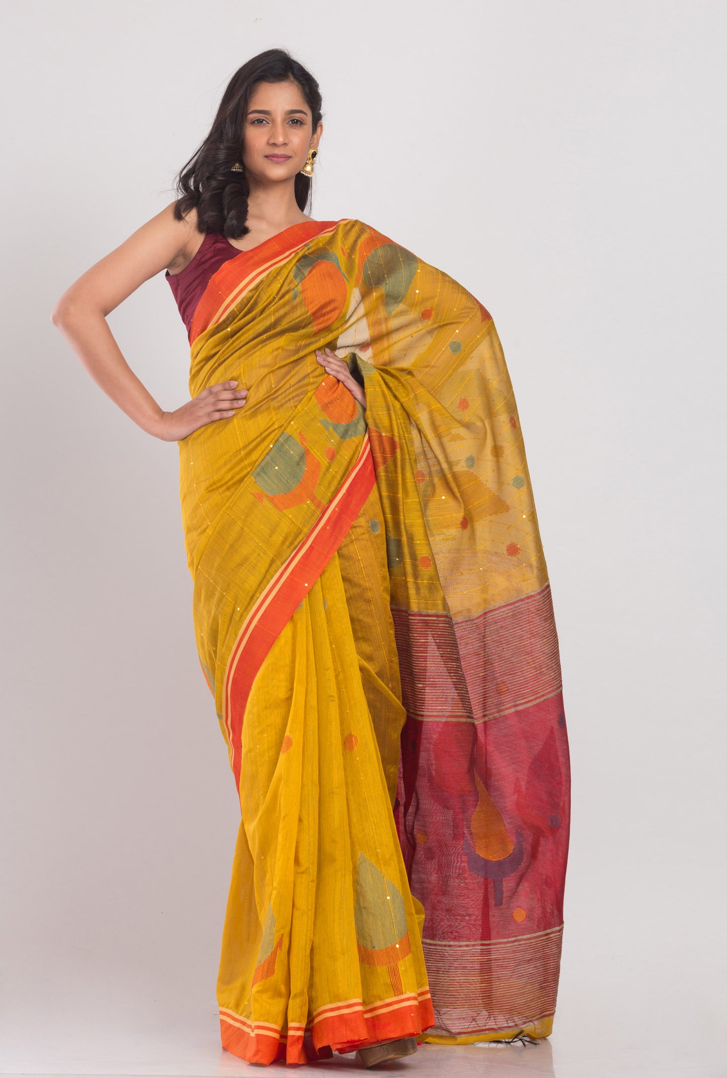 Yellow Blended Cotton Silk Jamdani Saree