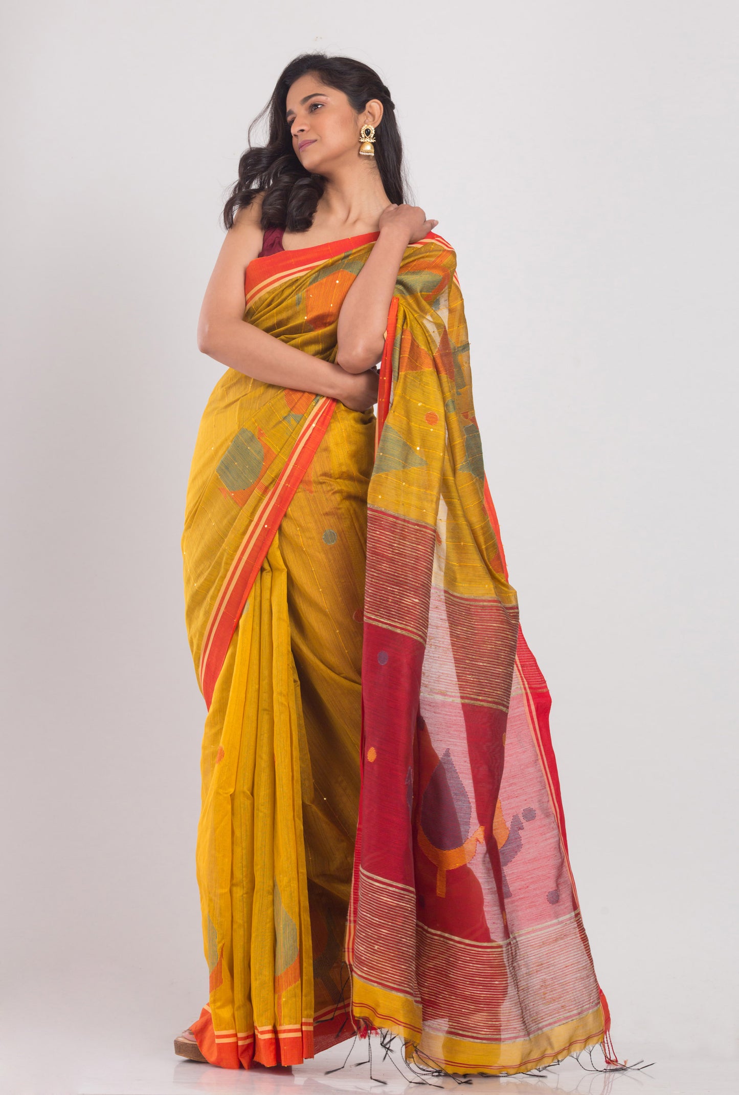 Yellow Blended Cotton Silk Jamdani Saree