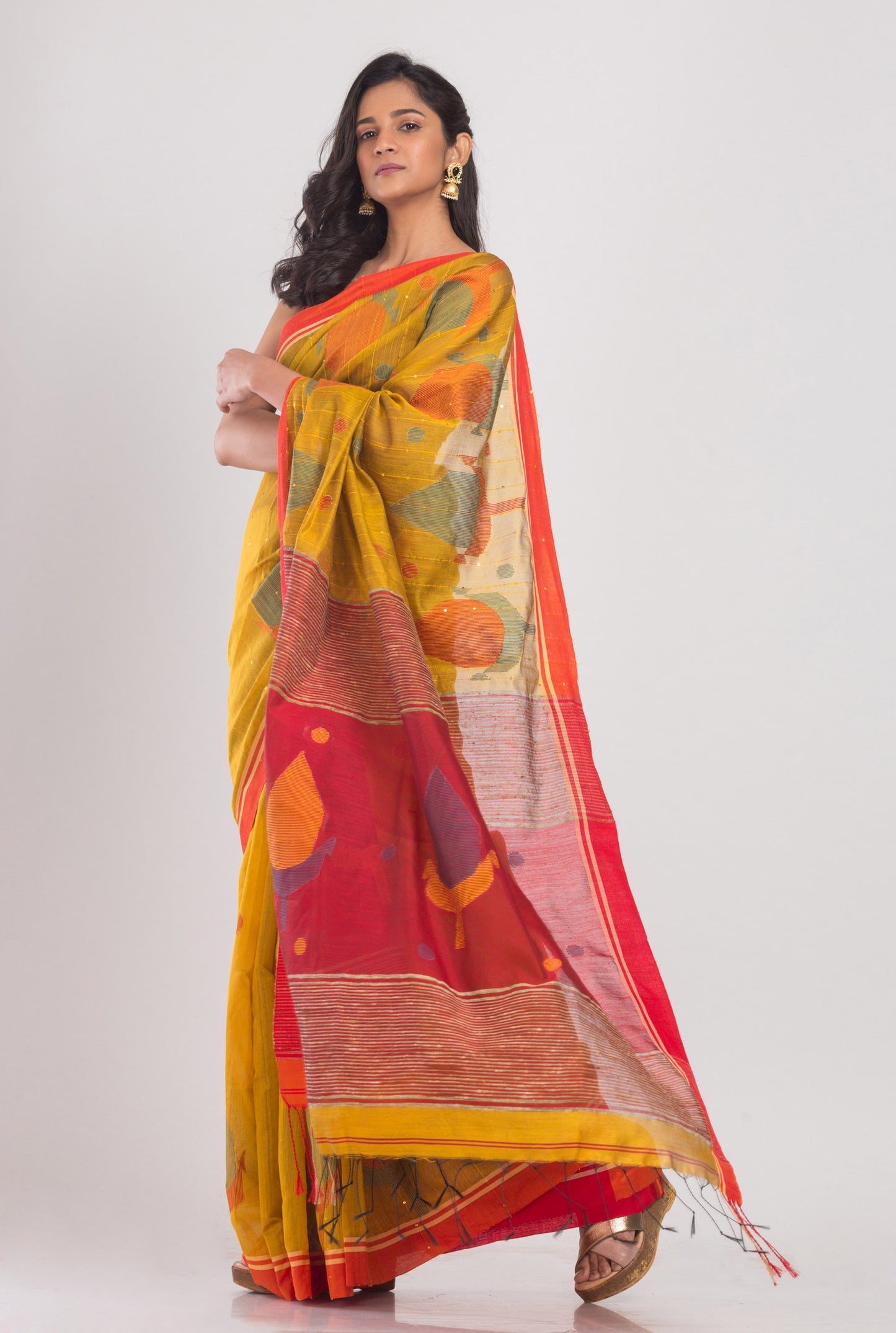 Yellow Blended Cotton Silk Jamdani Saree