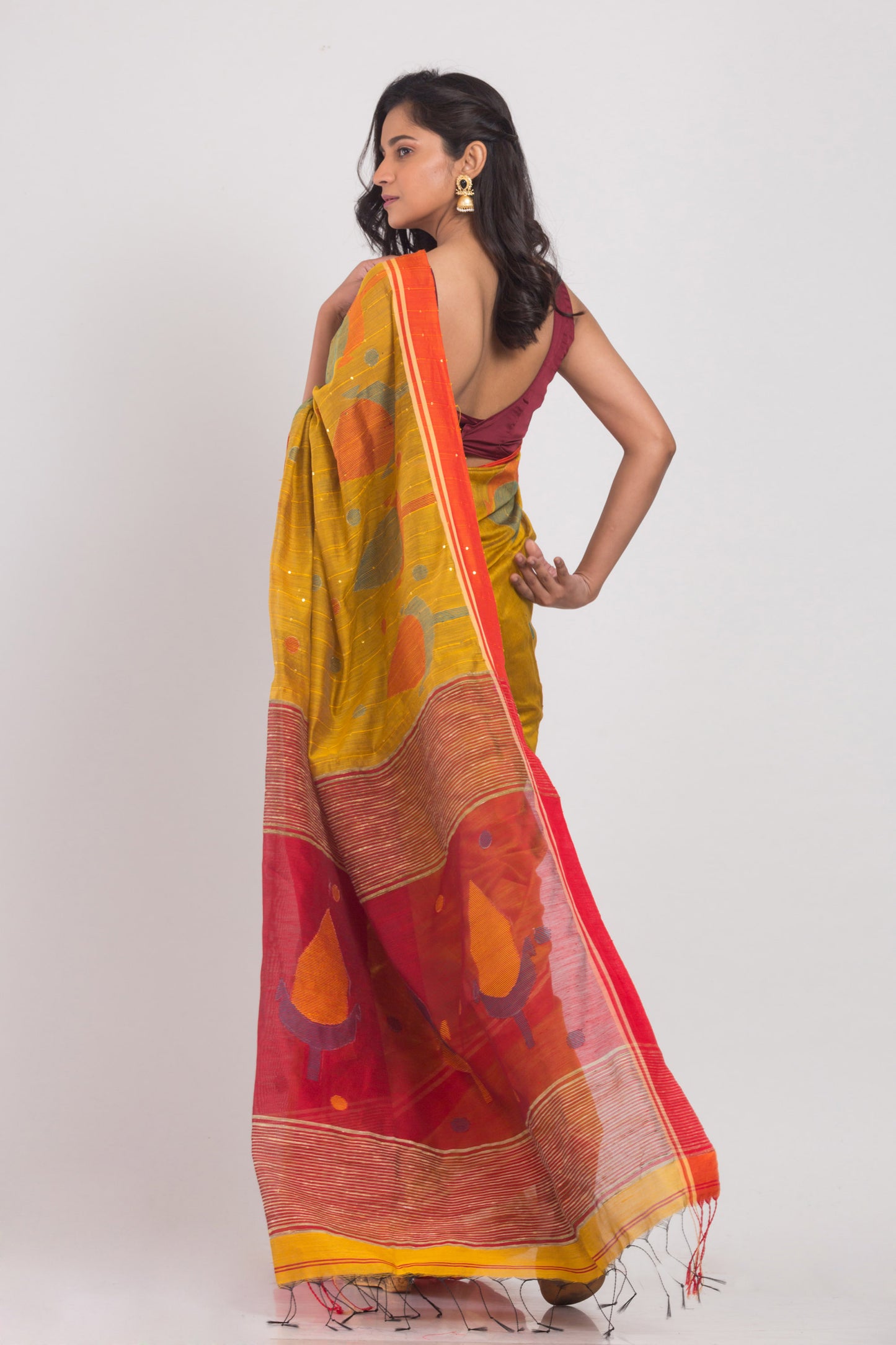 Yellow Blended Cotton Silk Jamdani Saree