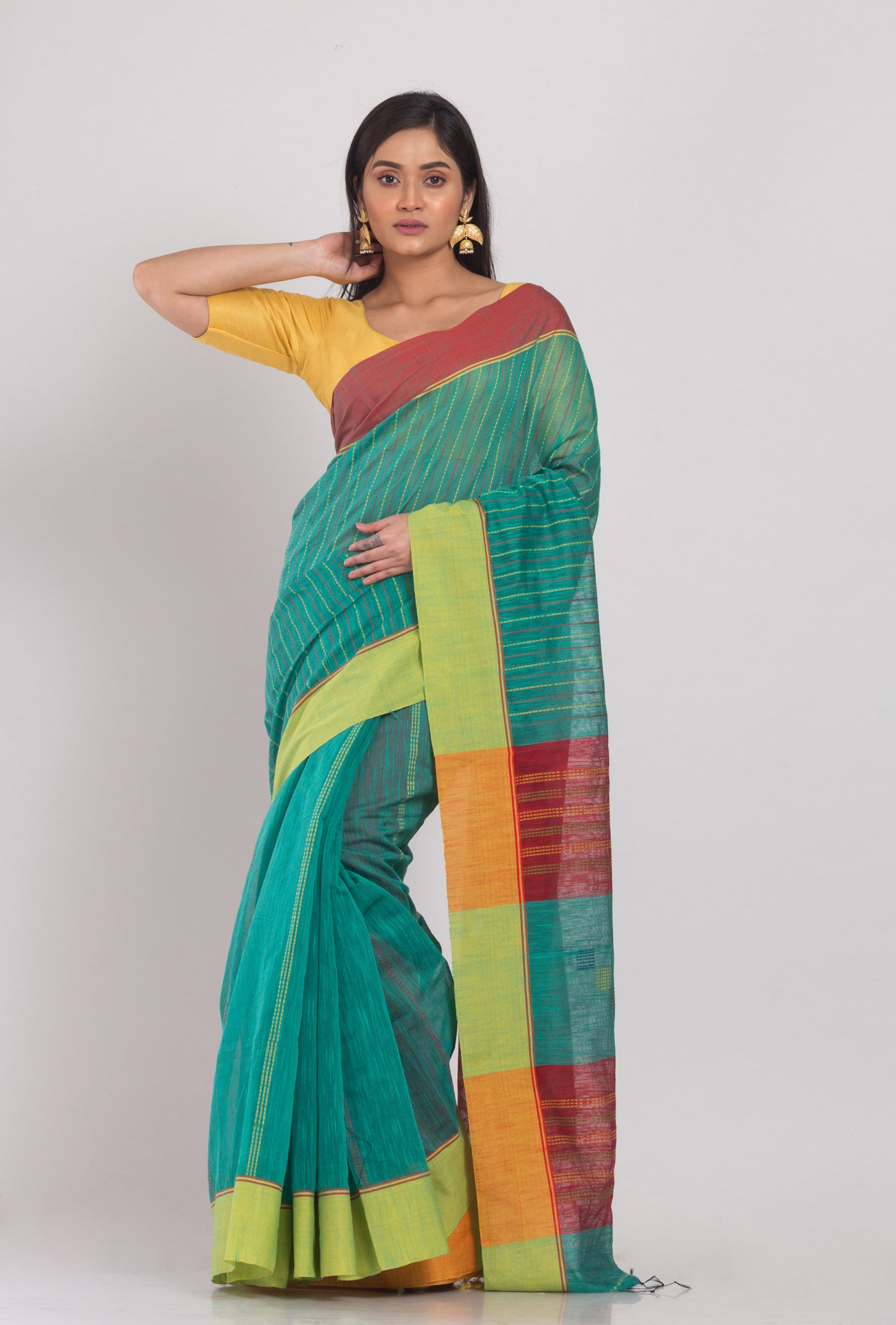 Teal Handloom Blended Cotton Saree