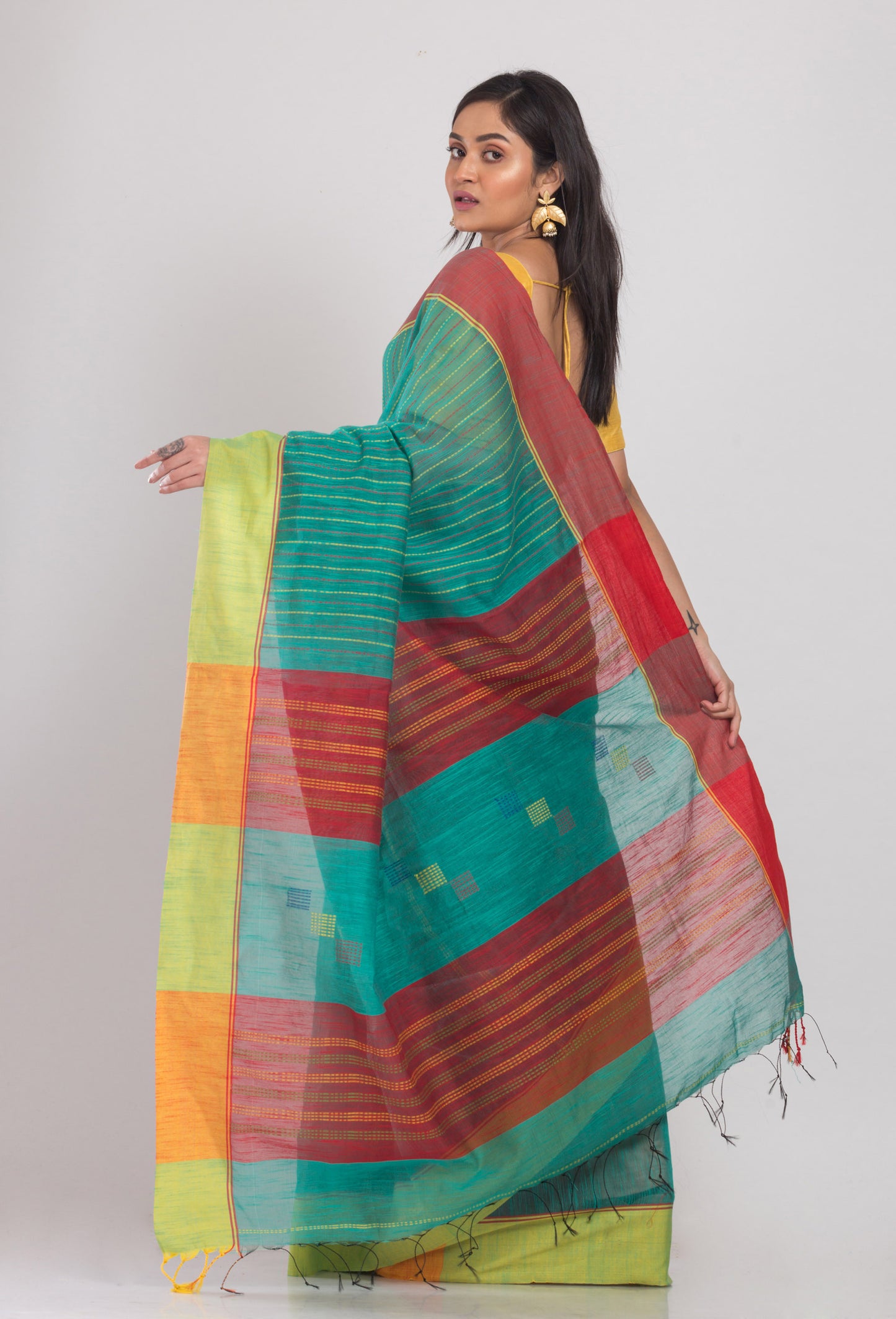 Teal Handloom Blended Cotton Saree