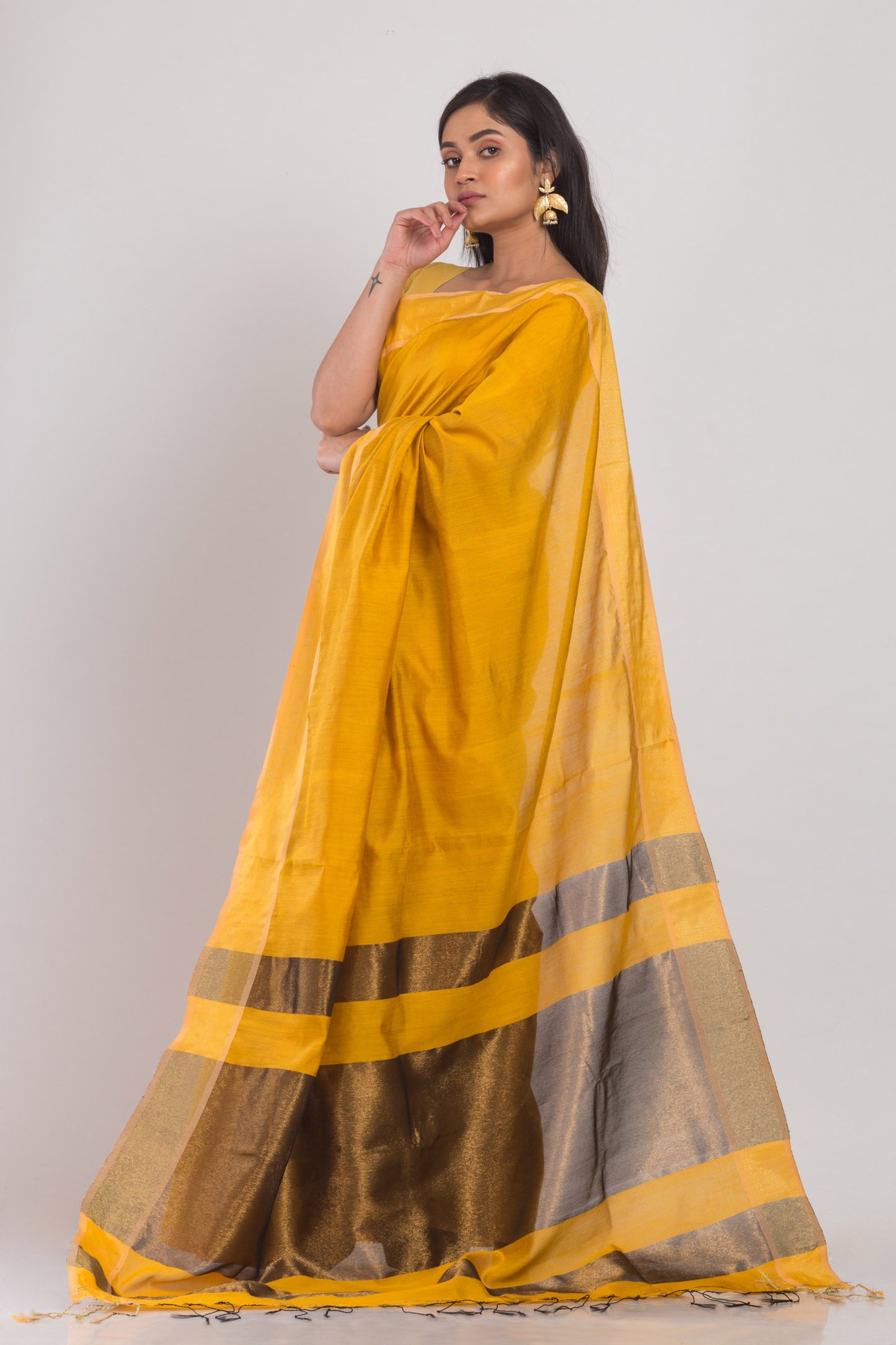 Yellow Blended Cotton Silk Jamdani Saree