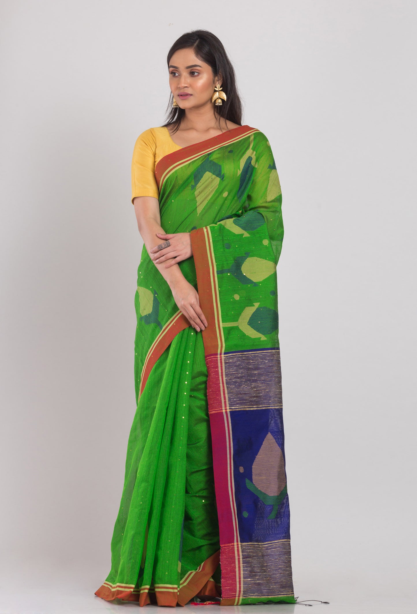 Green Blended Cotton Jamdani Saree