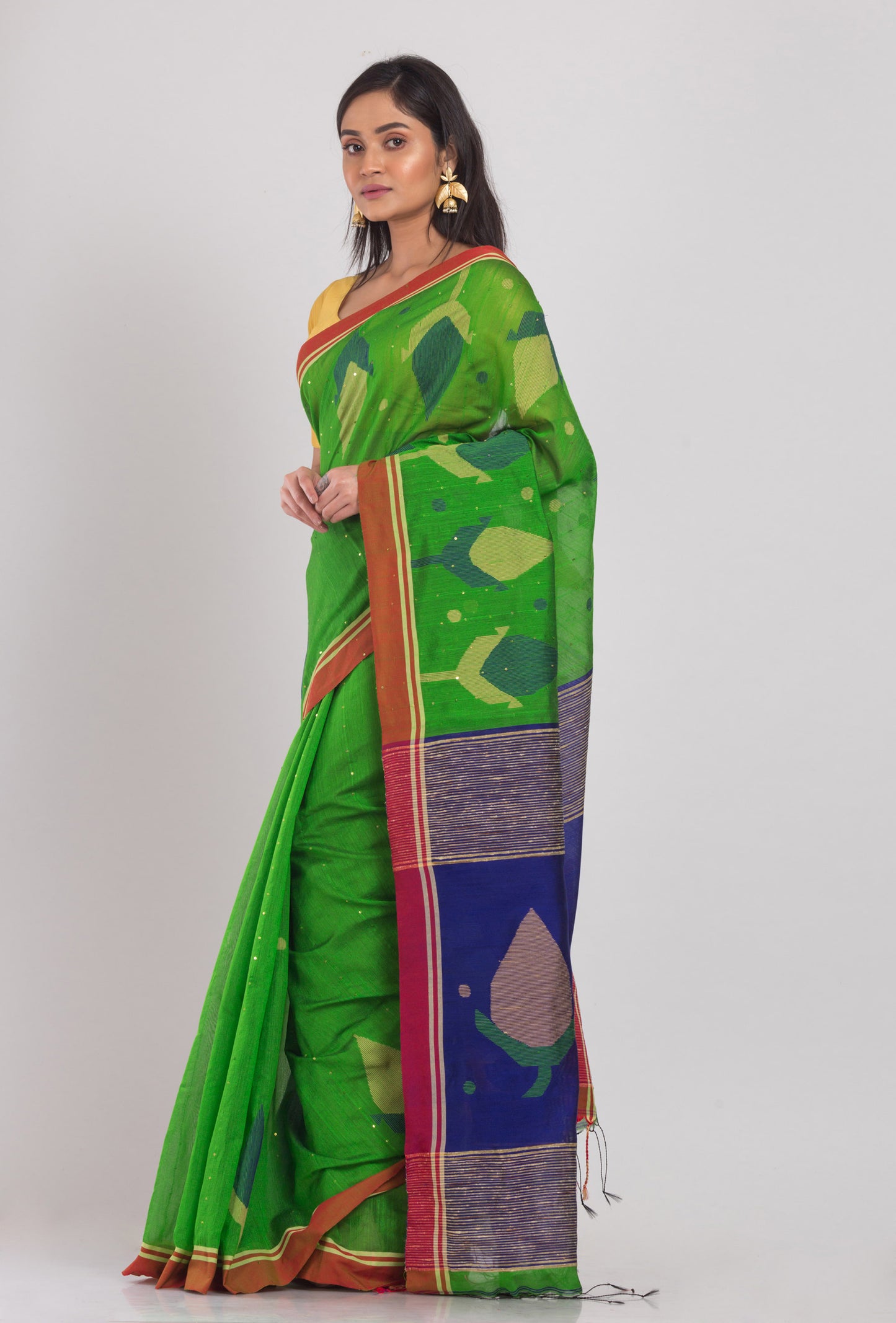 Green Blended Cotton Jamdani Saree