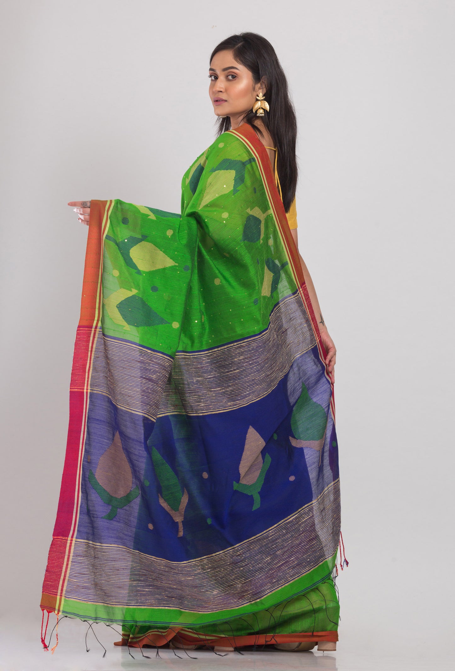 Green Blended Cotton Jamdani Saree