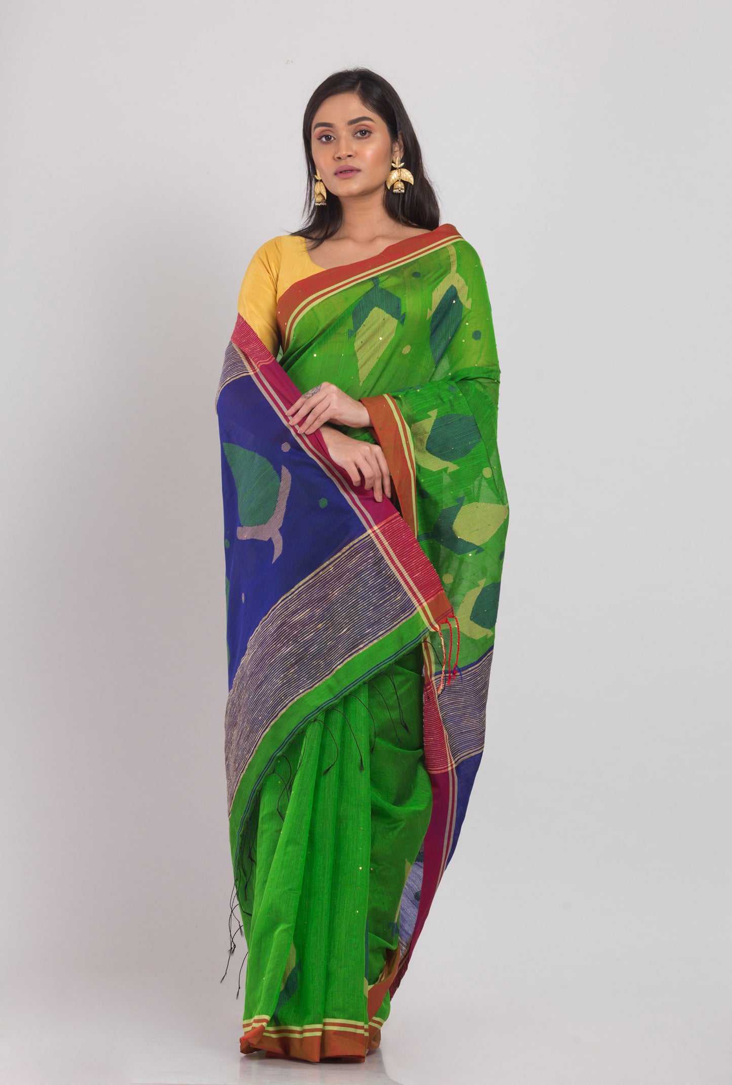 Green Blended Cotton Jamdani Saree