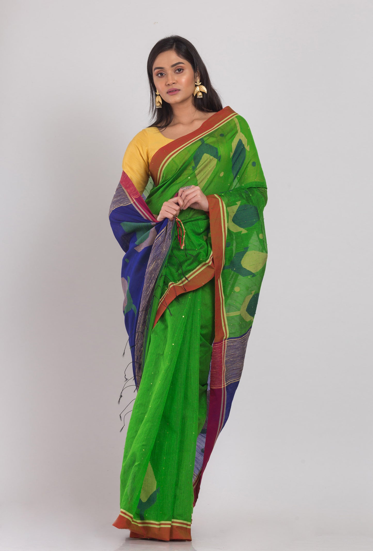 Green Blended Cotton Jamdani Saree