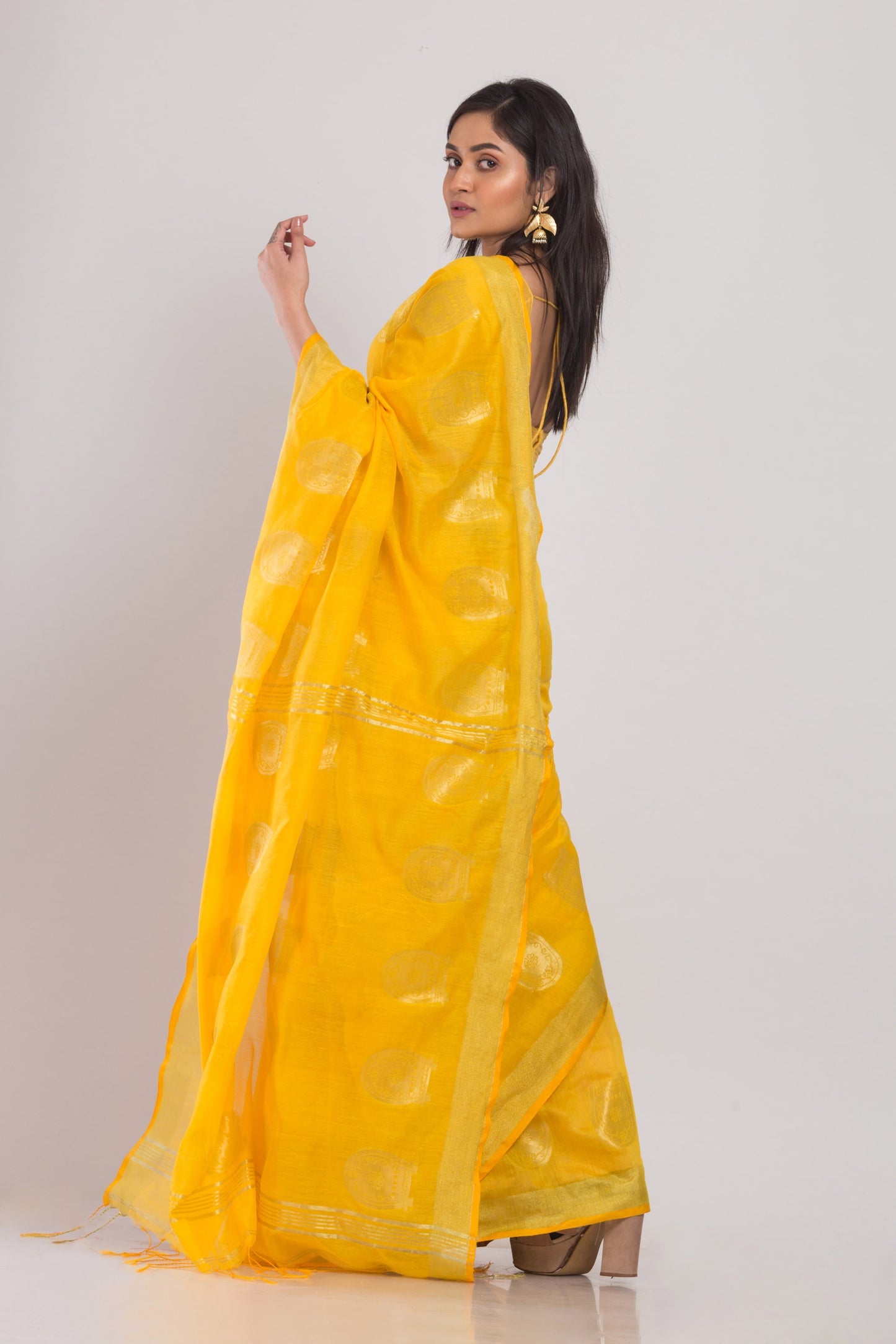 Yellow Handloom Blended Cotton Saree