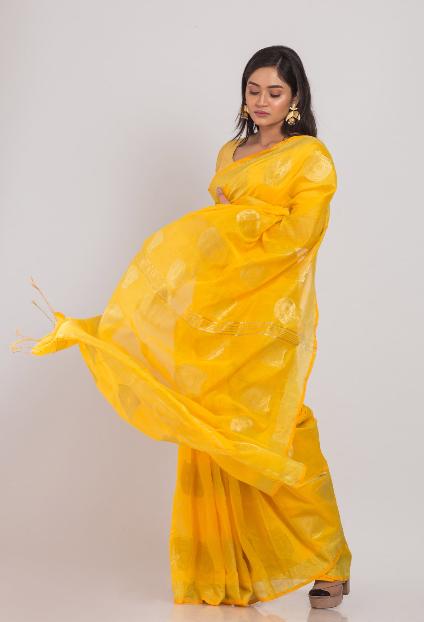 Yellow Handloom Blended Cotton Saree