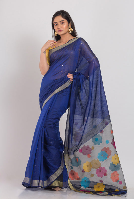 Blue Handloom Blended Cotton Saree