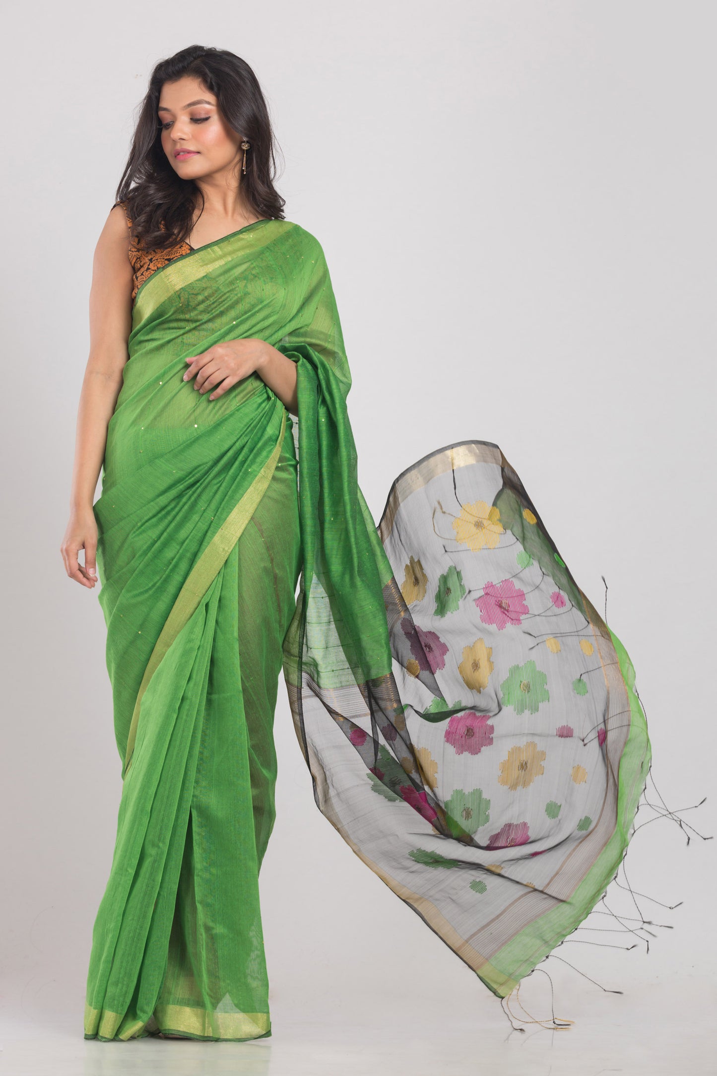 Green Hanwoven Blended Cotton Saree