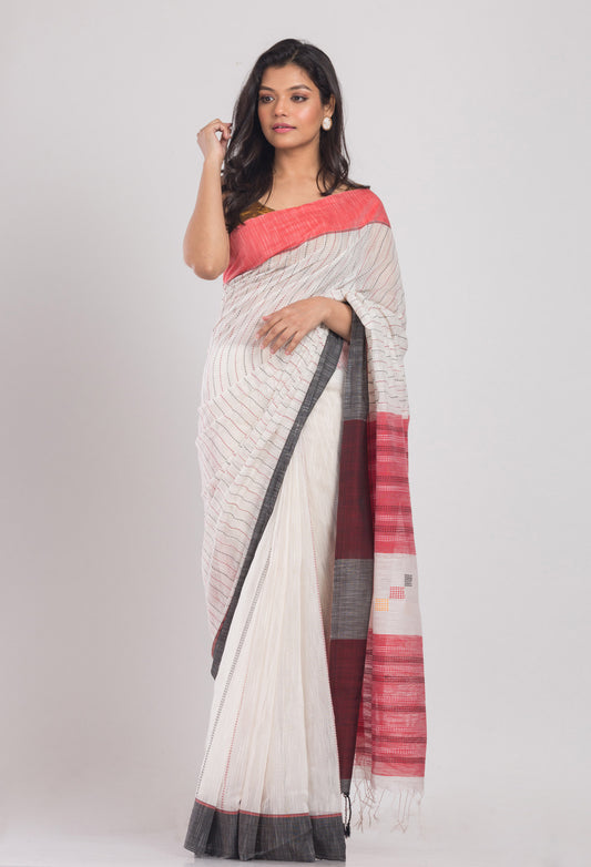 White Handwoven Cotton Silk nSaree