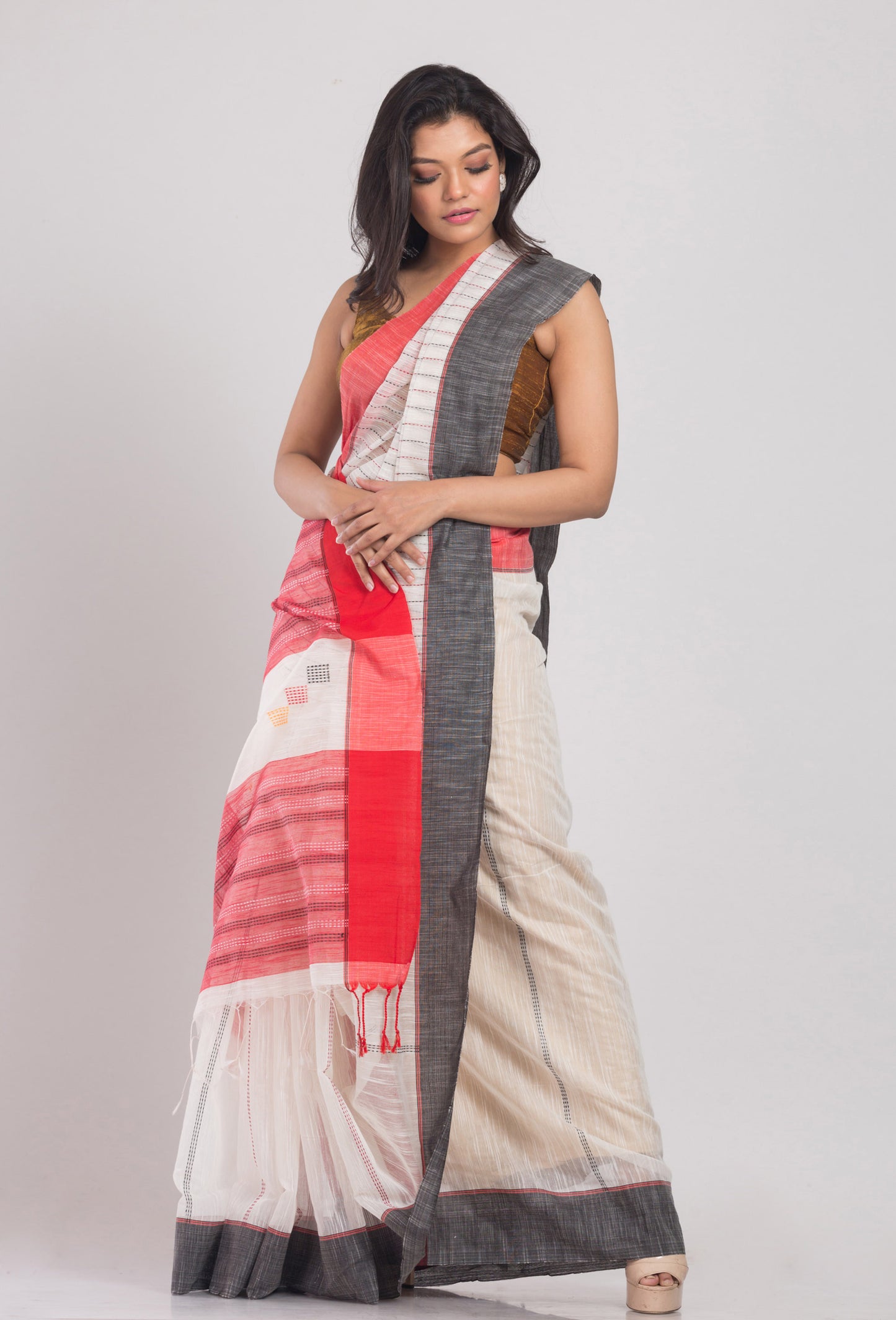 White Handwoven Cotton Silk nSaree