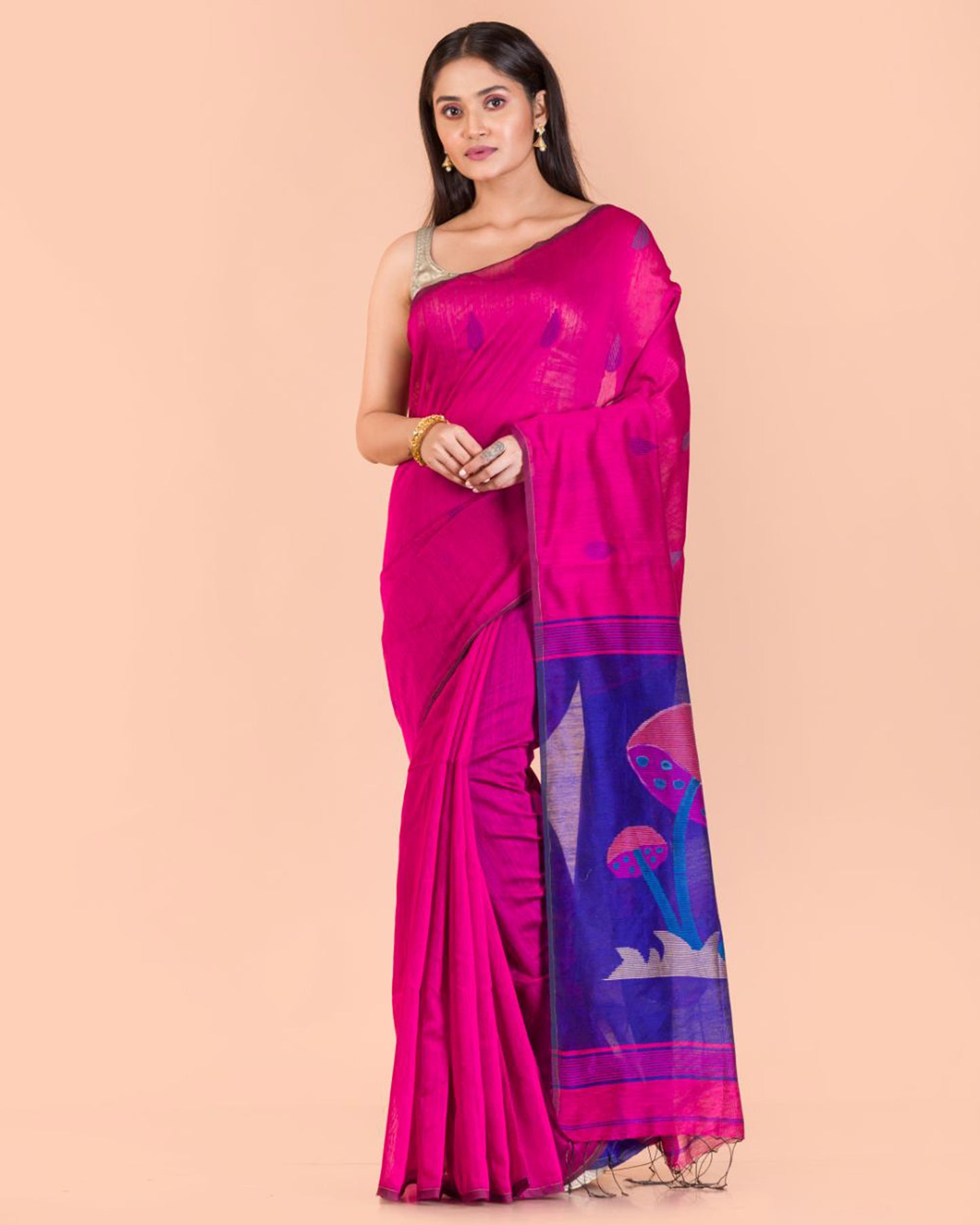 Pink Blended Cotton Jamdani Saree