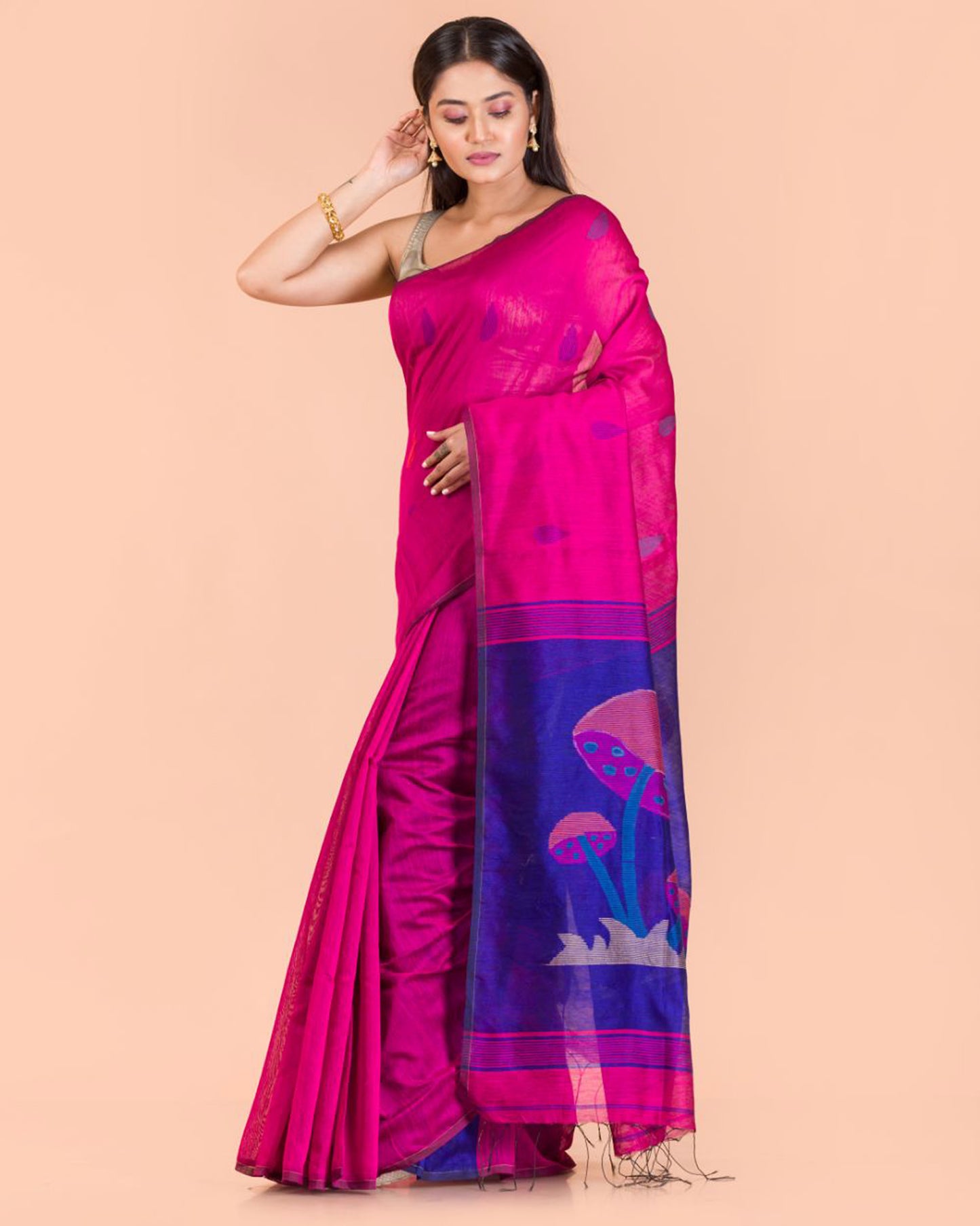 Pink Blended Cotton Jamdani Saree