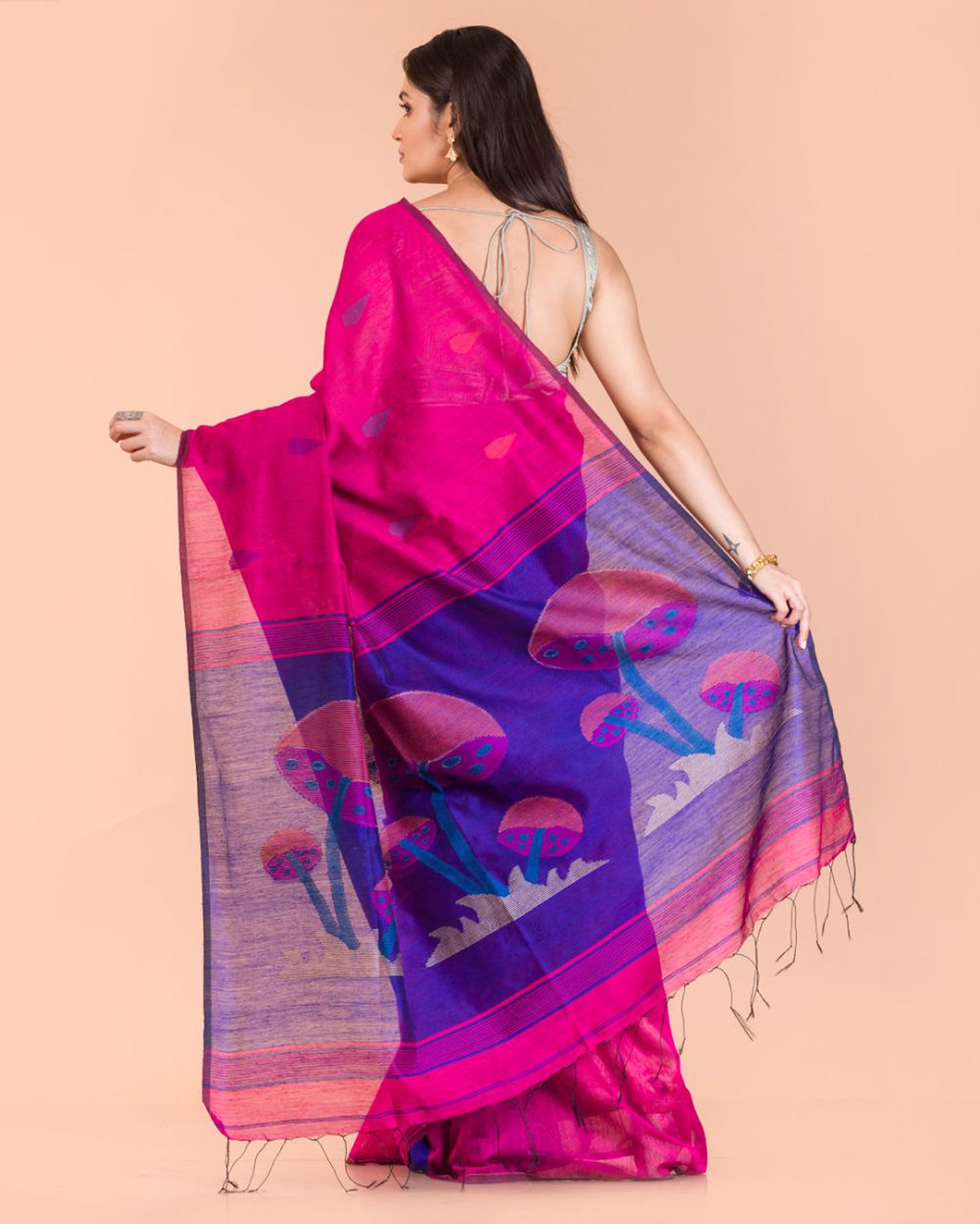 Pink Blended Cotton Jamdani Saree