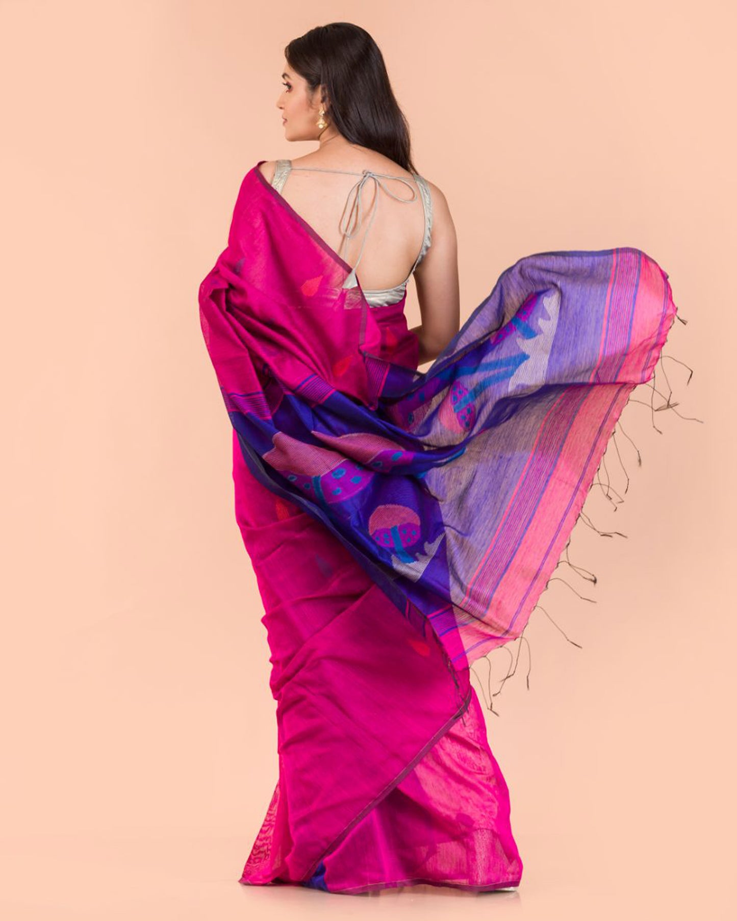 Pink Blended Cotton Jamdani Saree