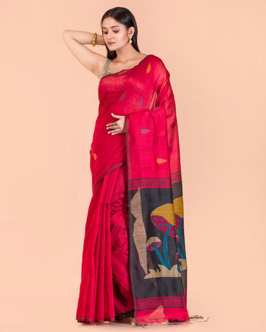 Red Handwoven Blended Cotton Saree