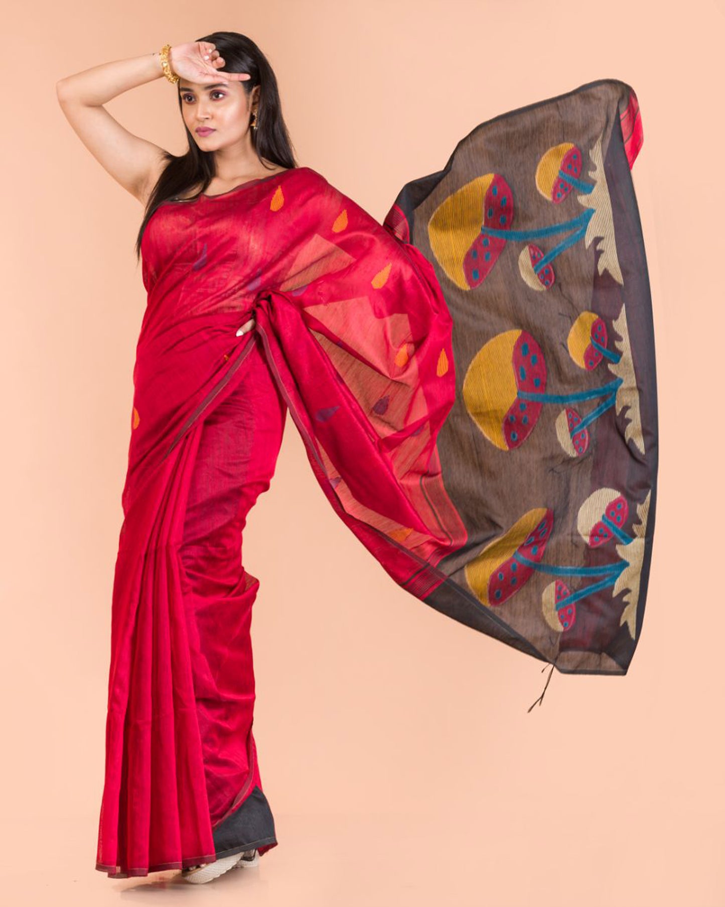 Red Handwoven Blended Cotton Saree