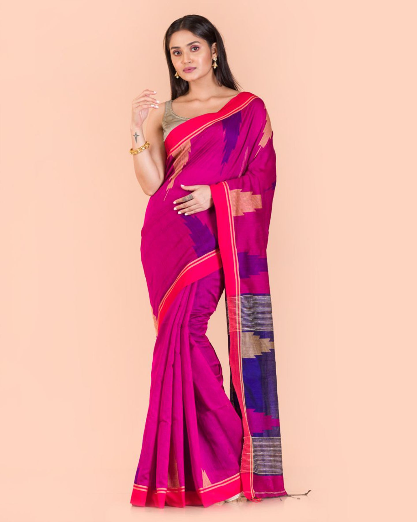 Pink Temple Border Blended Cotton Jamdani Saree