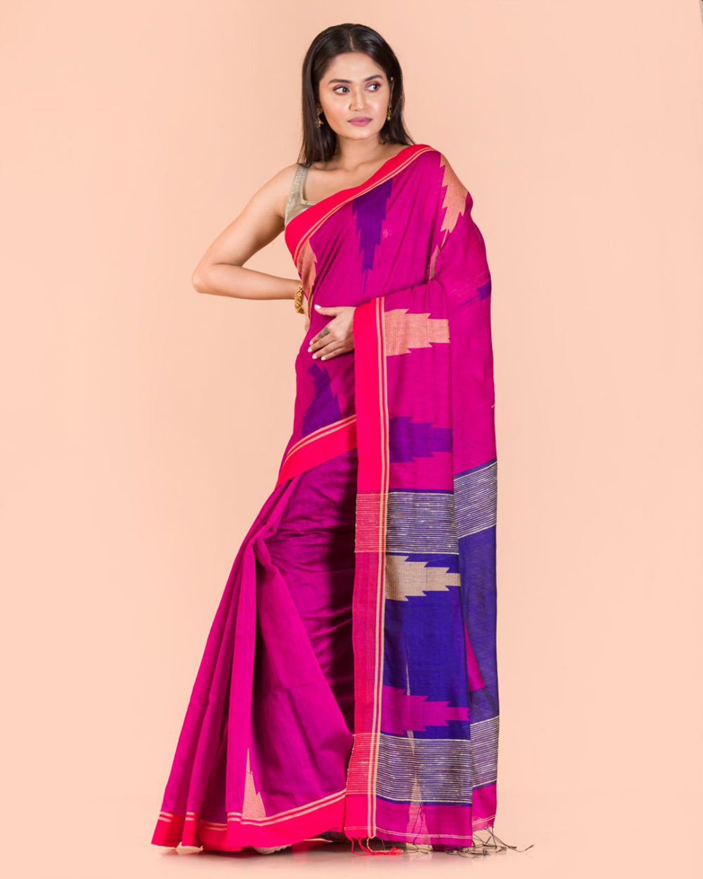 Pink Temple Border Blended Cotton Jamdani Saree