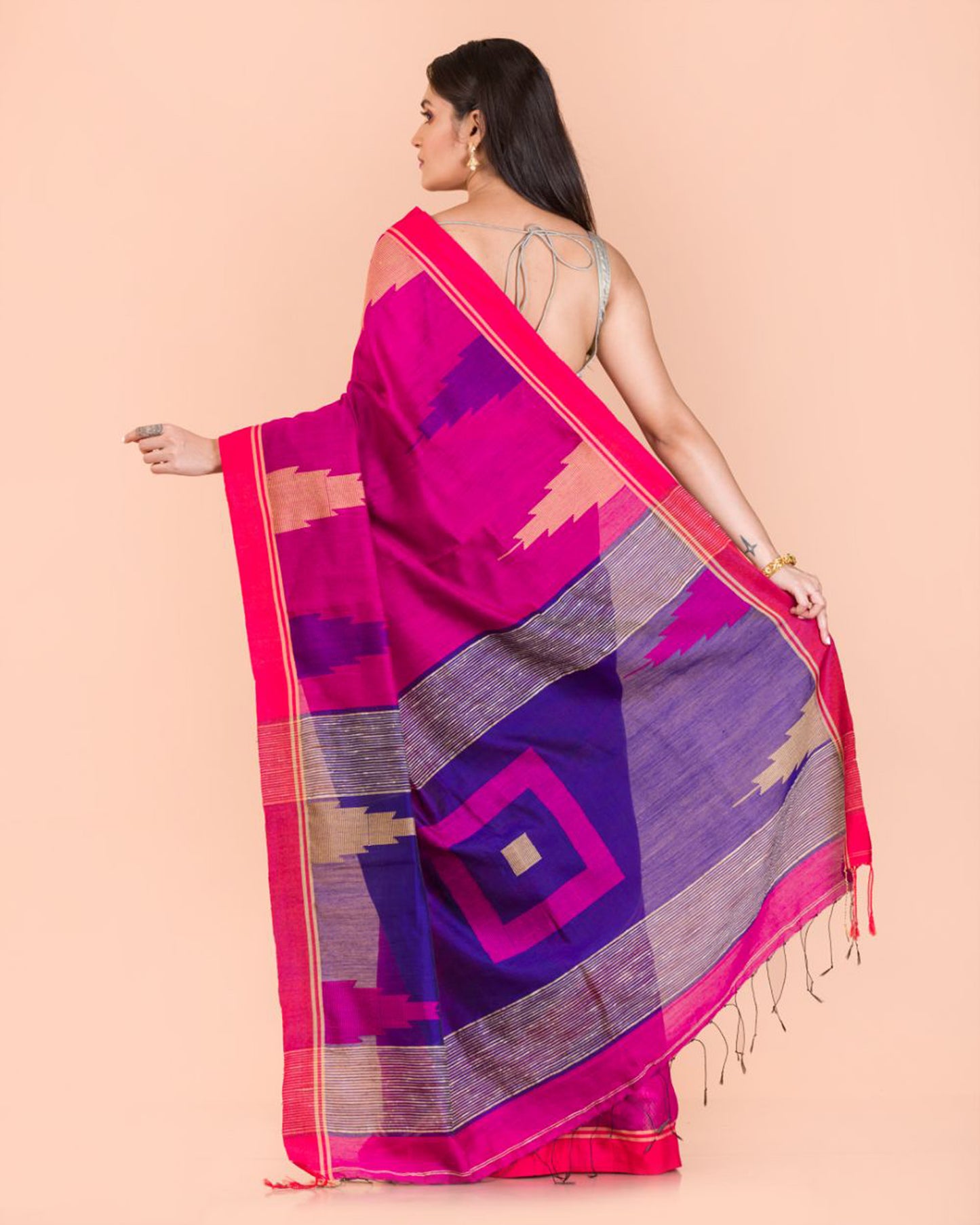 Pink Temple Border Blended Cotton Jamdani Saree