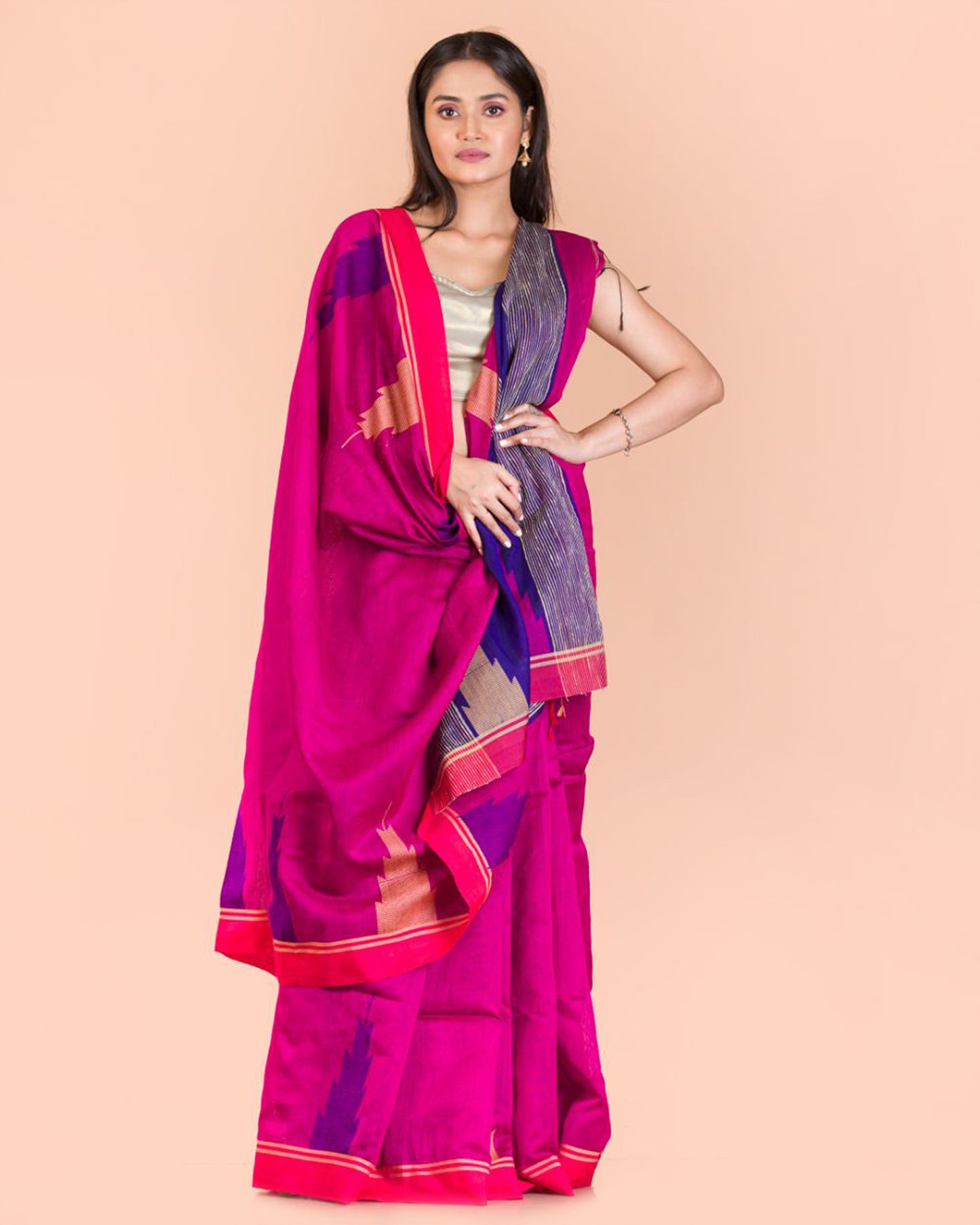 Pink Temple Border Blended Cotton Jamdani Saree