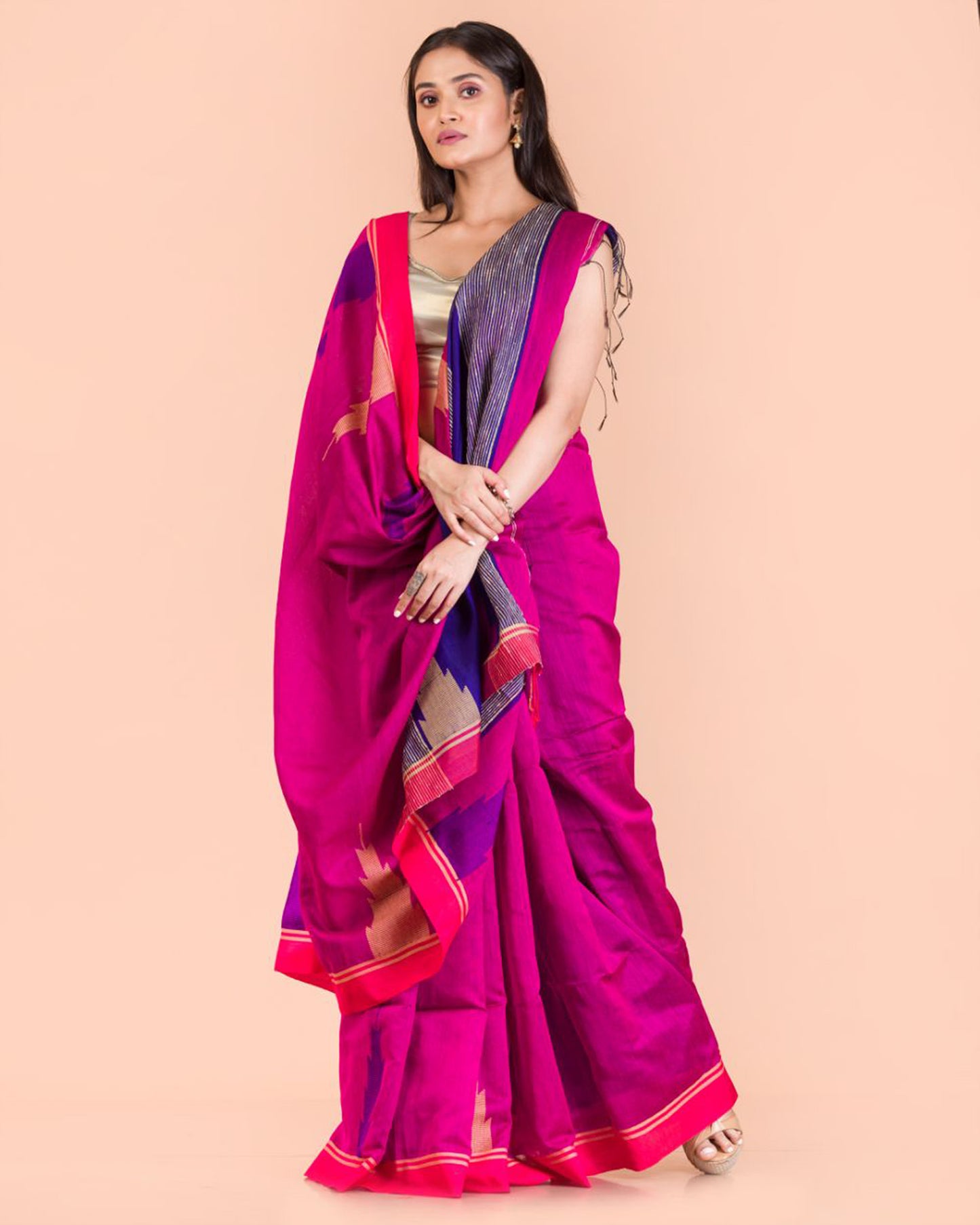 Pink Temple Border Blended Cotton Jamdani Saree