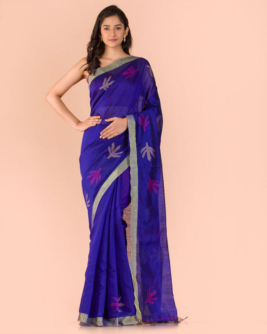 Blue Blended Cotton Jamdani Saree