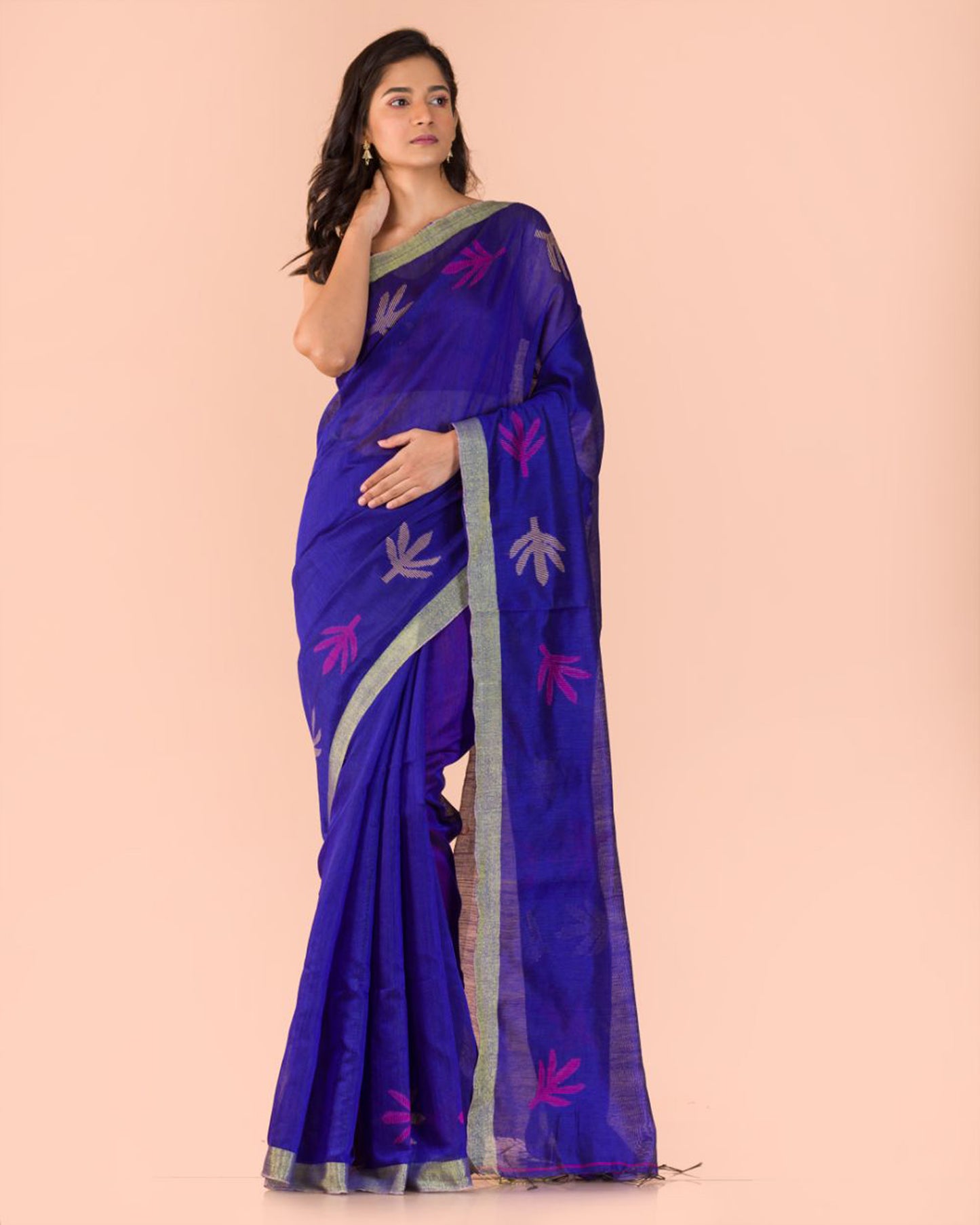 Blue Blended Cotton Jamdani Saree