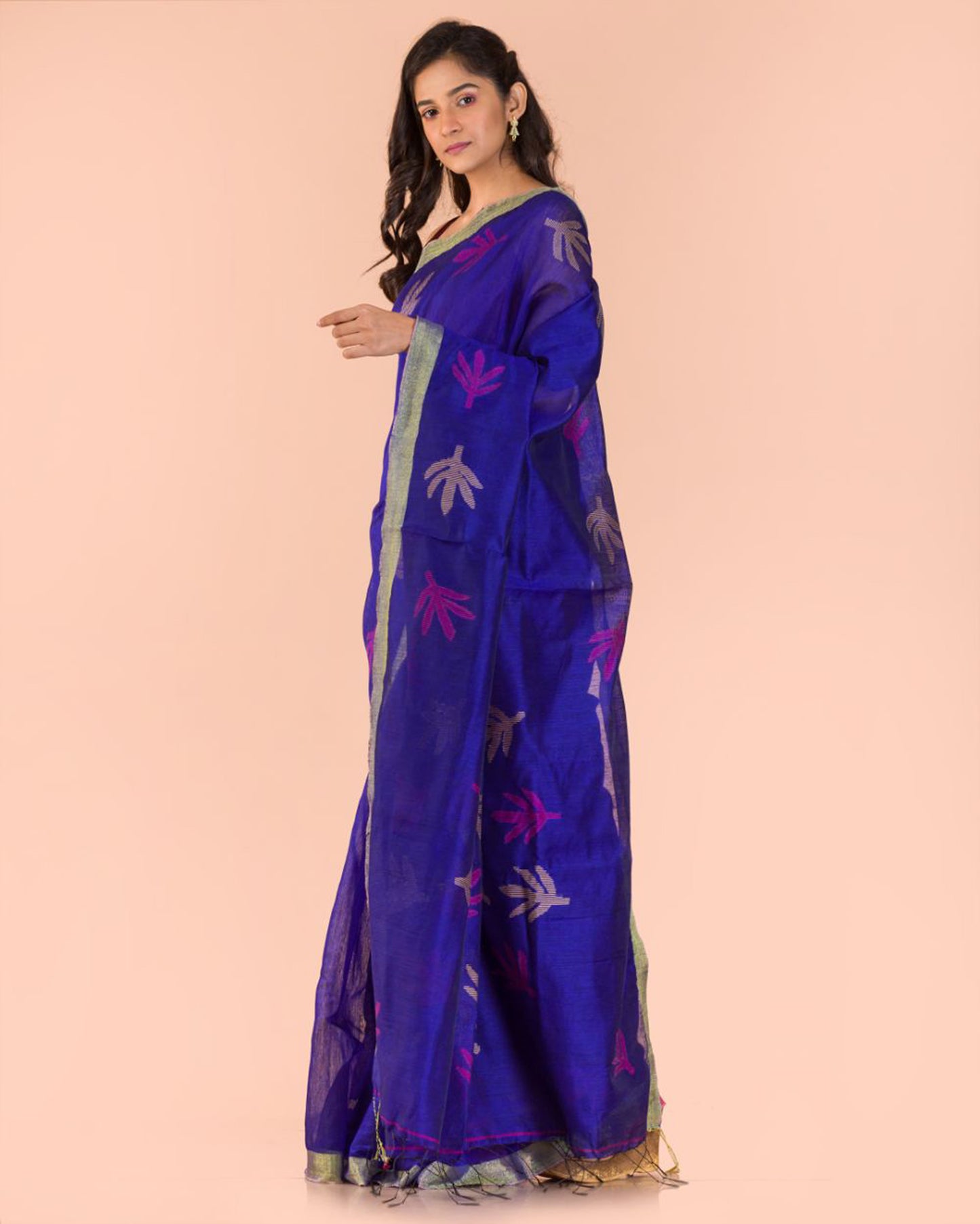 Blue Blended Cotton Jamdani Saree