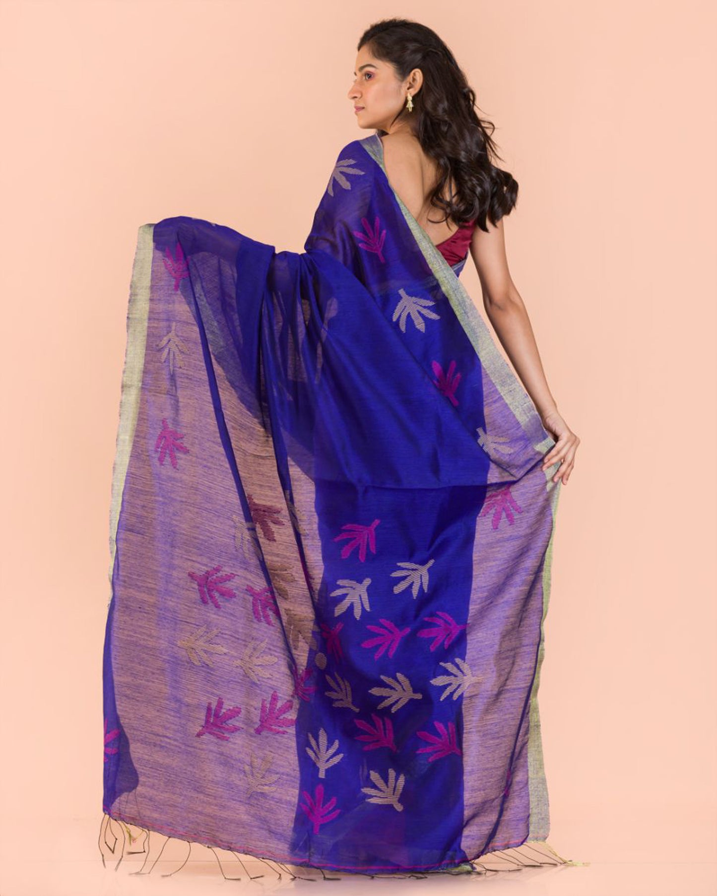 Blue Blended Cotton Jamdani Saree