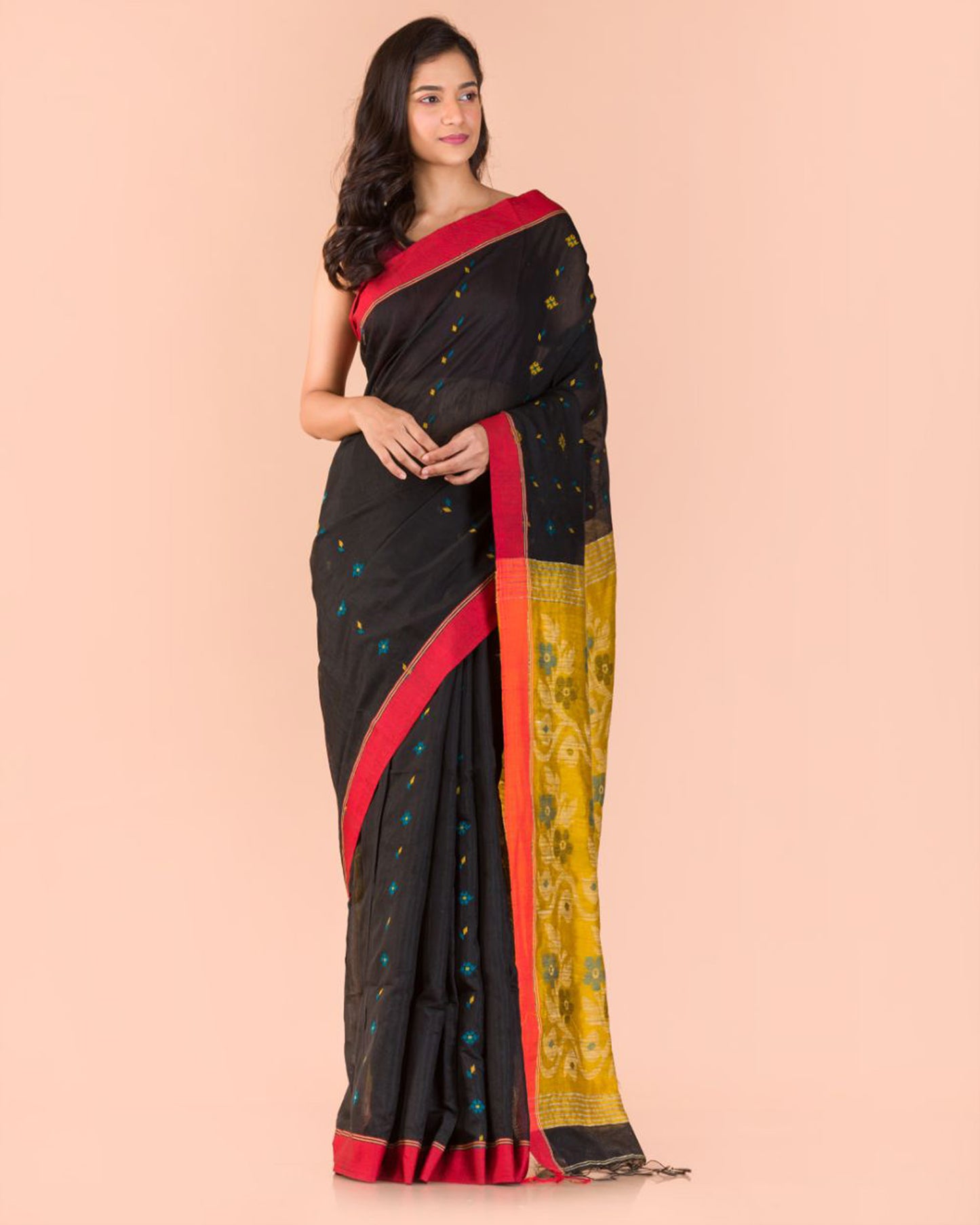 Black Blended Cotton Jamdani Saree