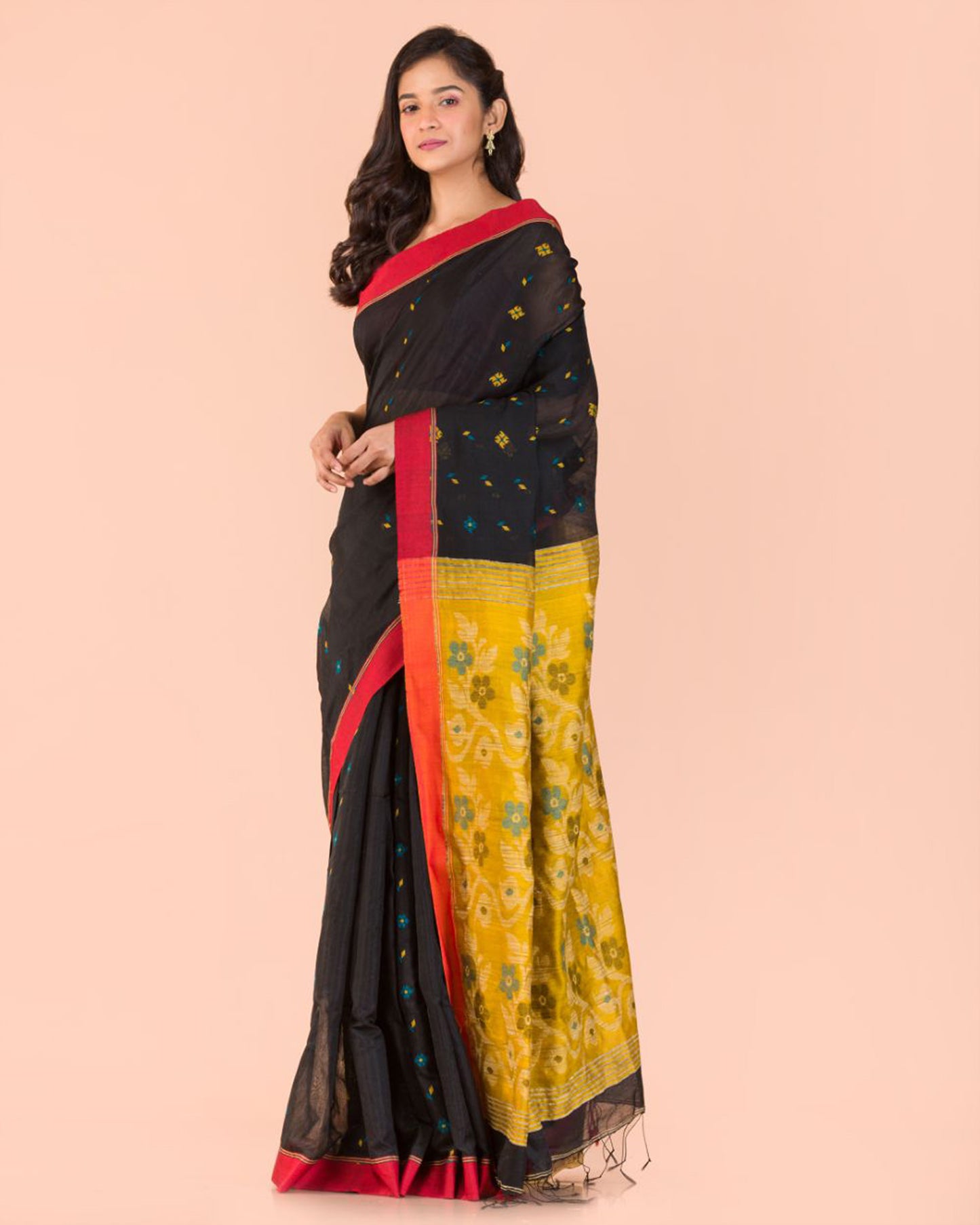 Black Blended Cotton Jamdani Saree