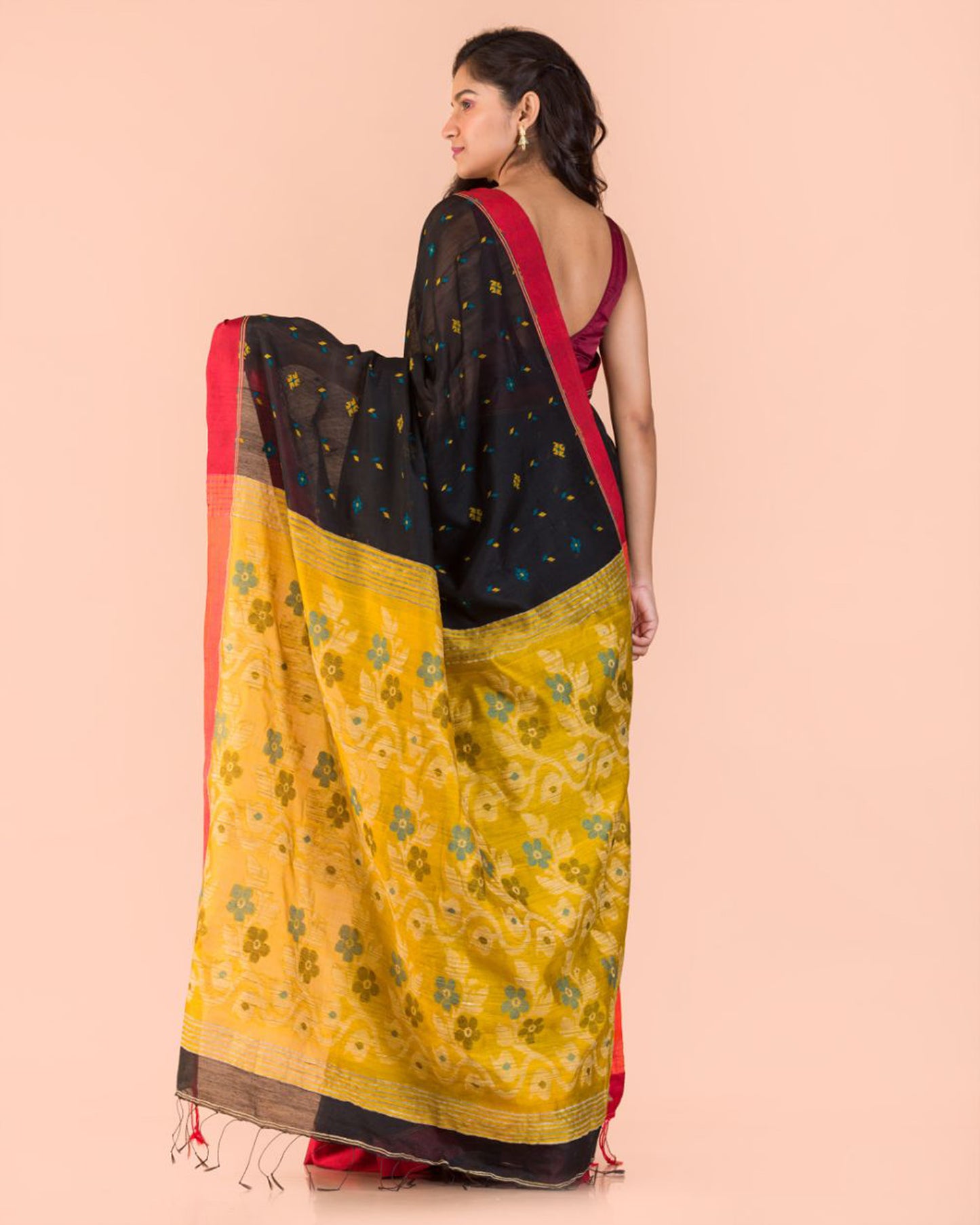 Black Blended Cotton Jamdani Saree