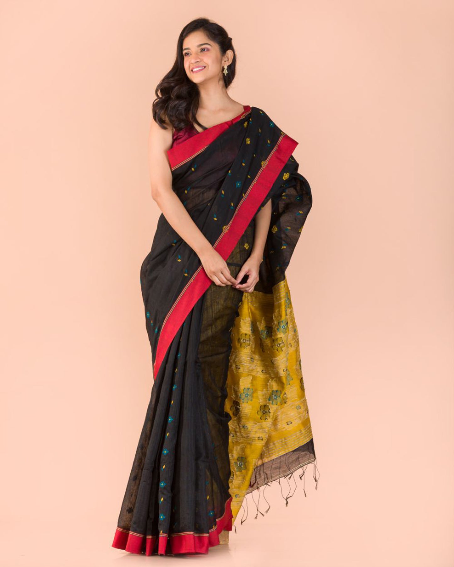 Black Blended Cotton Jamdani Saree