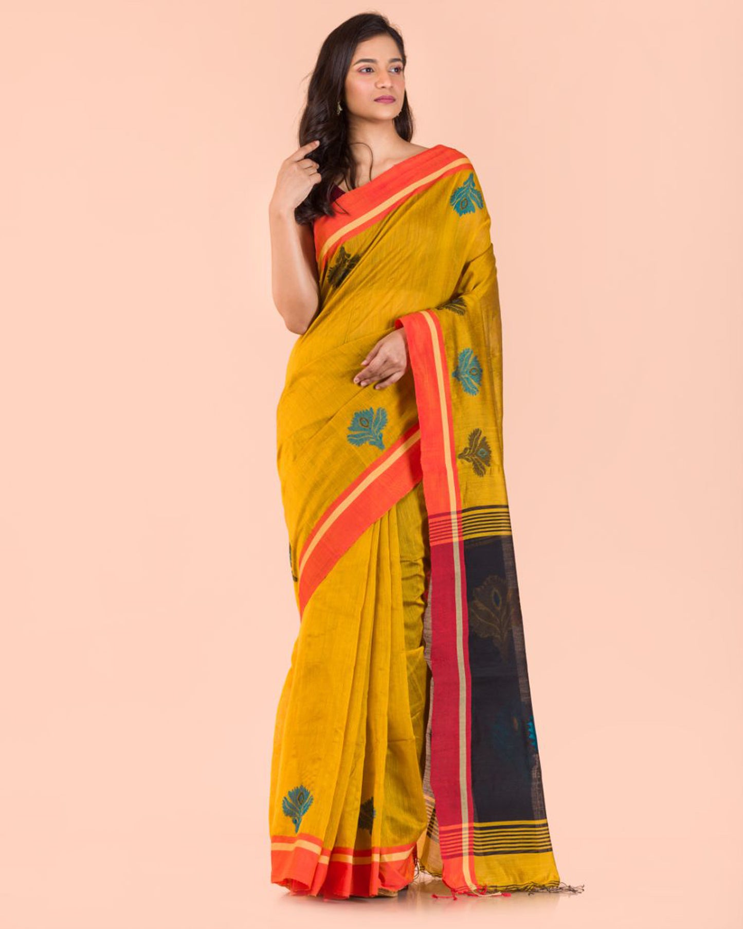 Yellow Handwoven Blended Cotton Saree