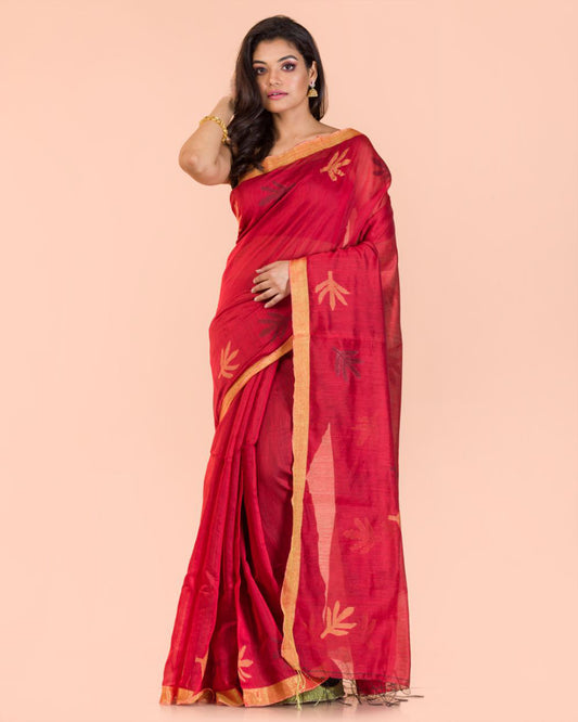 Red Blended Cotton Jamdani Saree