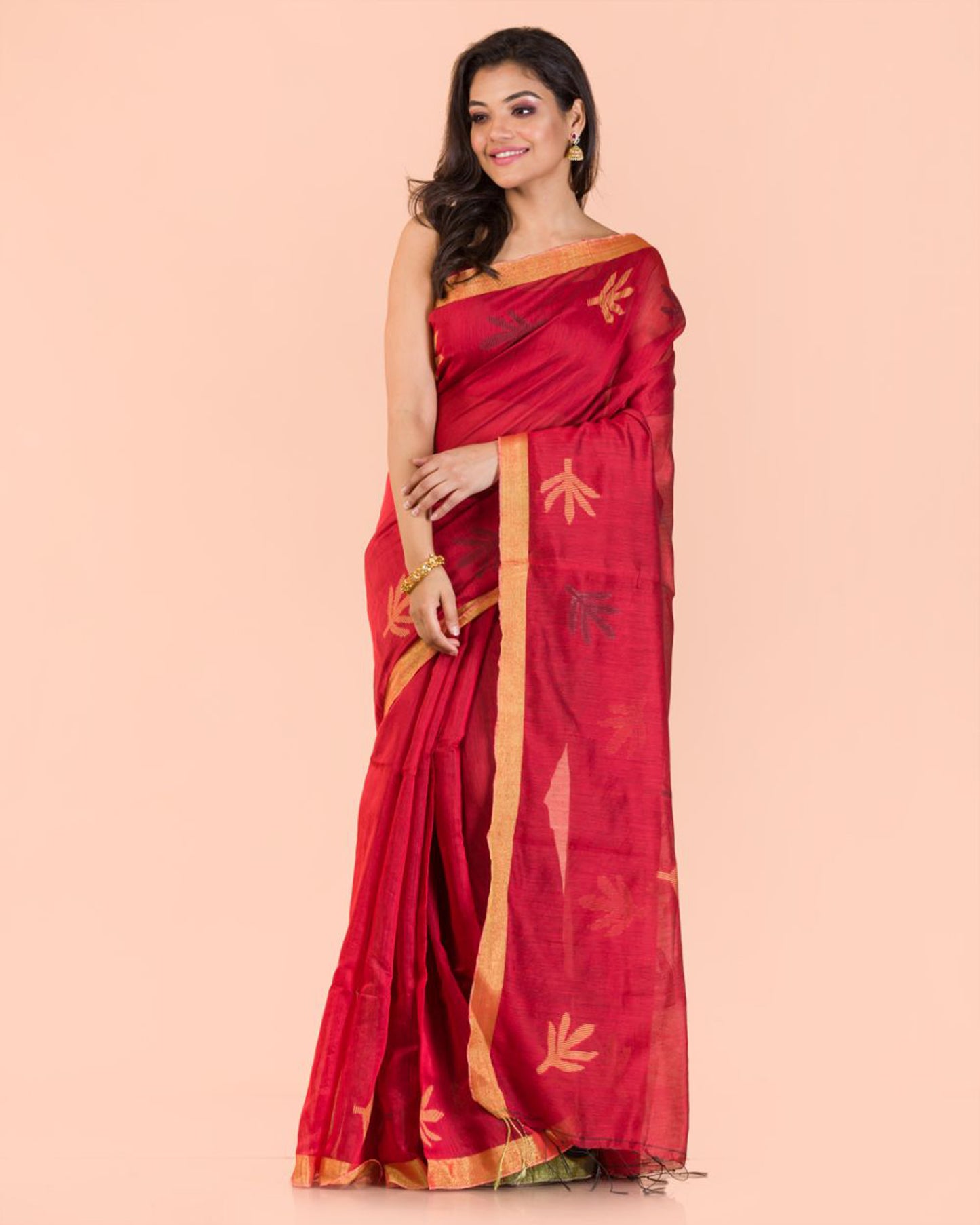 Red Blended Cotton Jamdani Saree