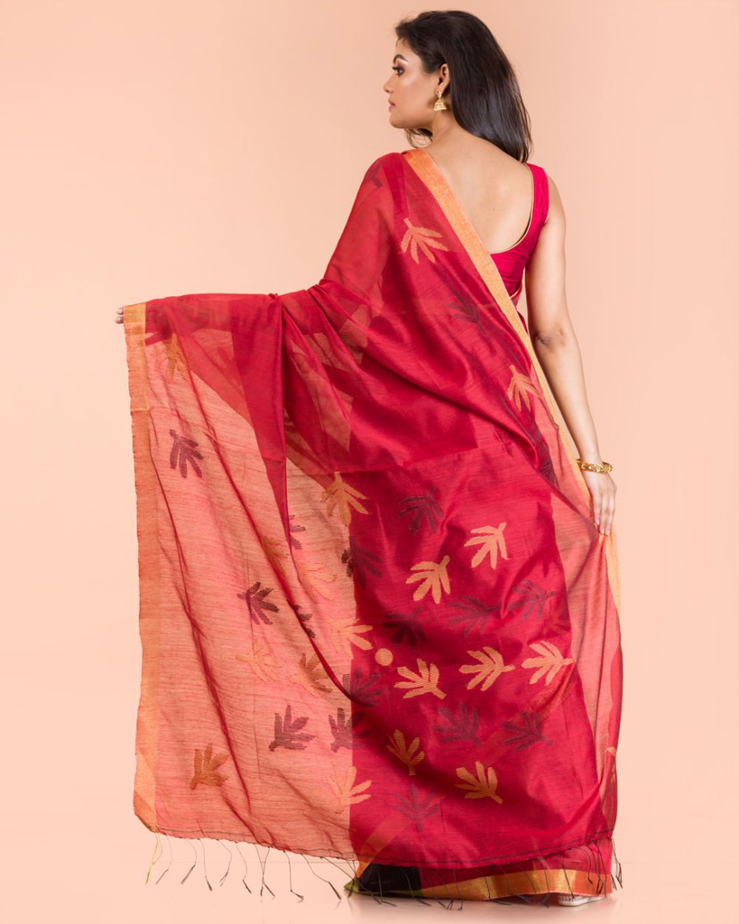 Red Blended Cotton Jamdani Saree