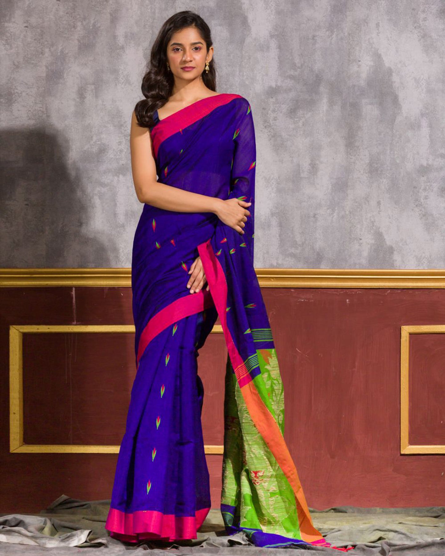 Blue Blended Cotton Jamdani Saree