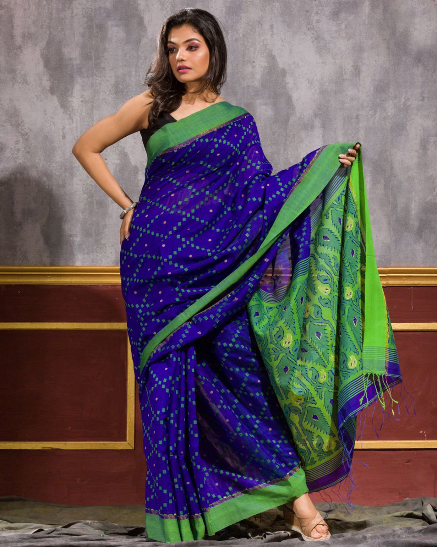 Blue Blended Cotton Dhakai Jamdani Saree