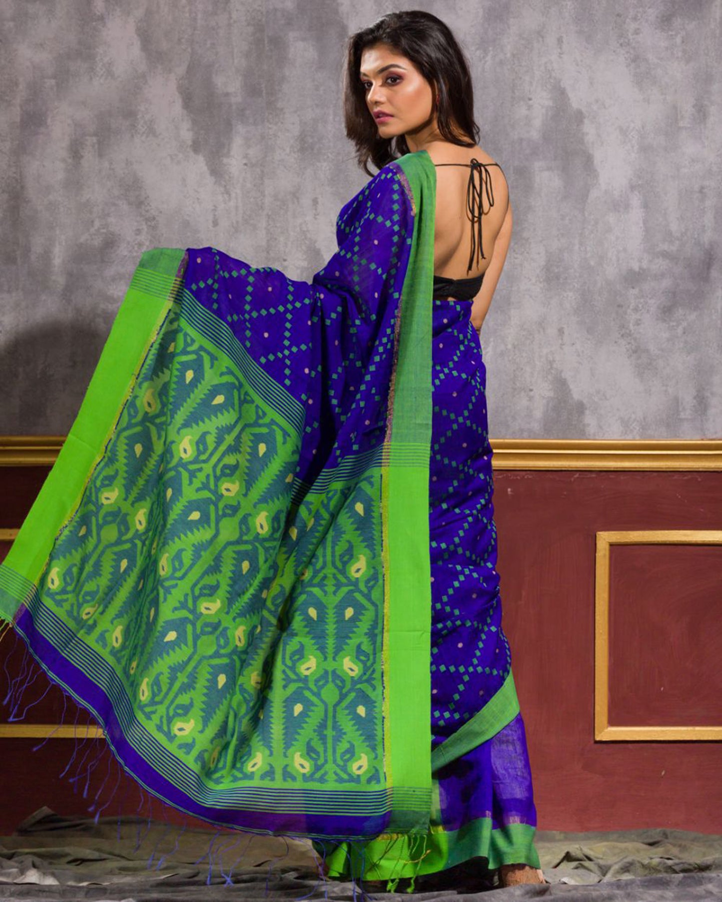 Blue Blended Cotton Dhakai Jamdani Saree