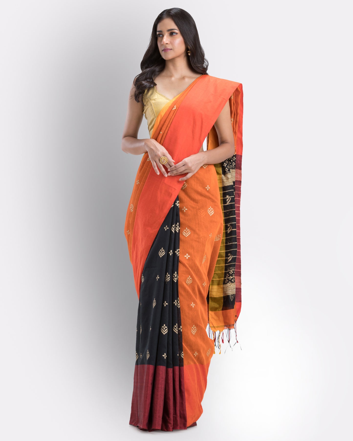 Handwoven Printed Orange Festive Cotton Blend Saree