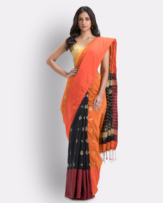 Handwoven Printed Orange Festive Cotton Blend Saree