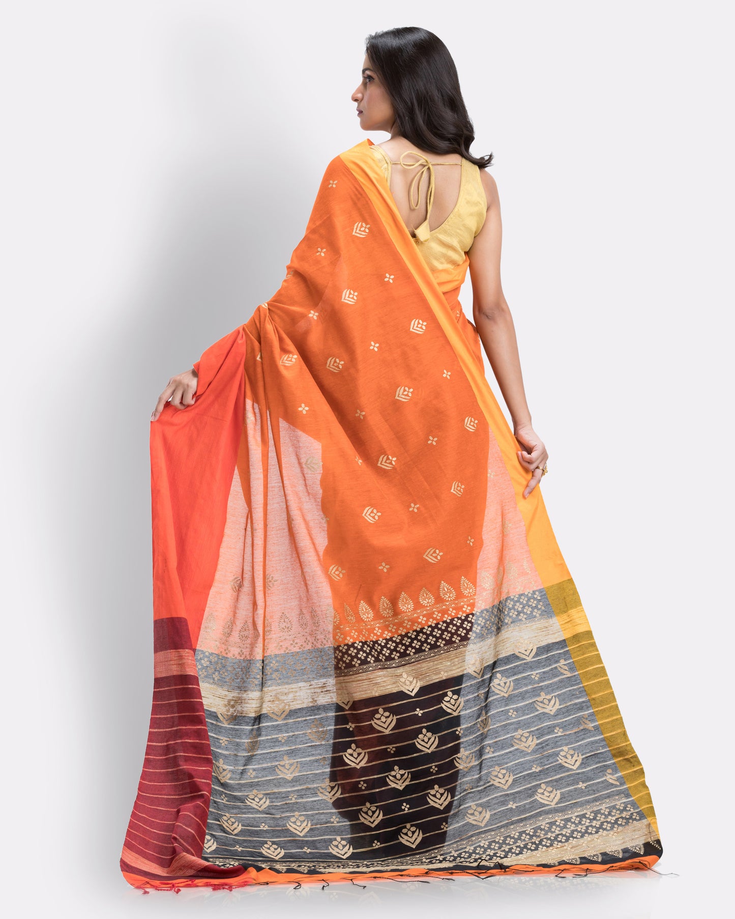 Handwoven Printed Orange Festive Cotton Blend Saree