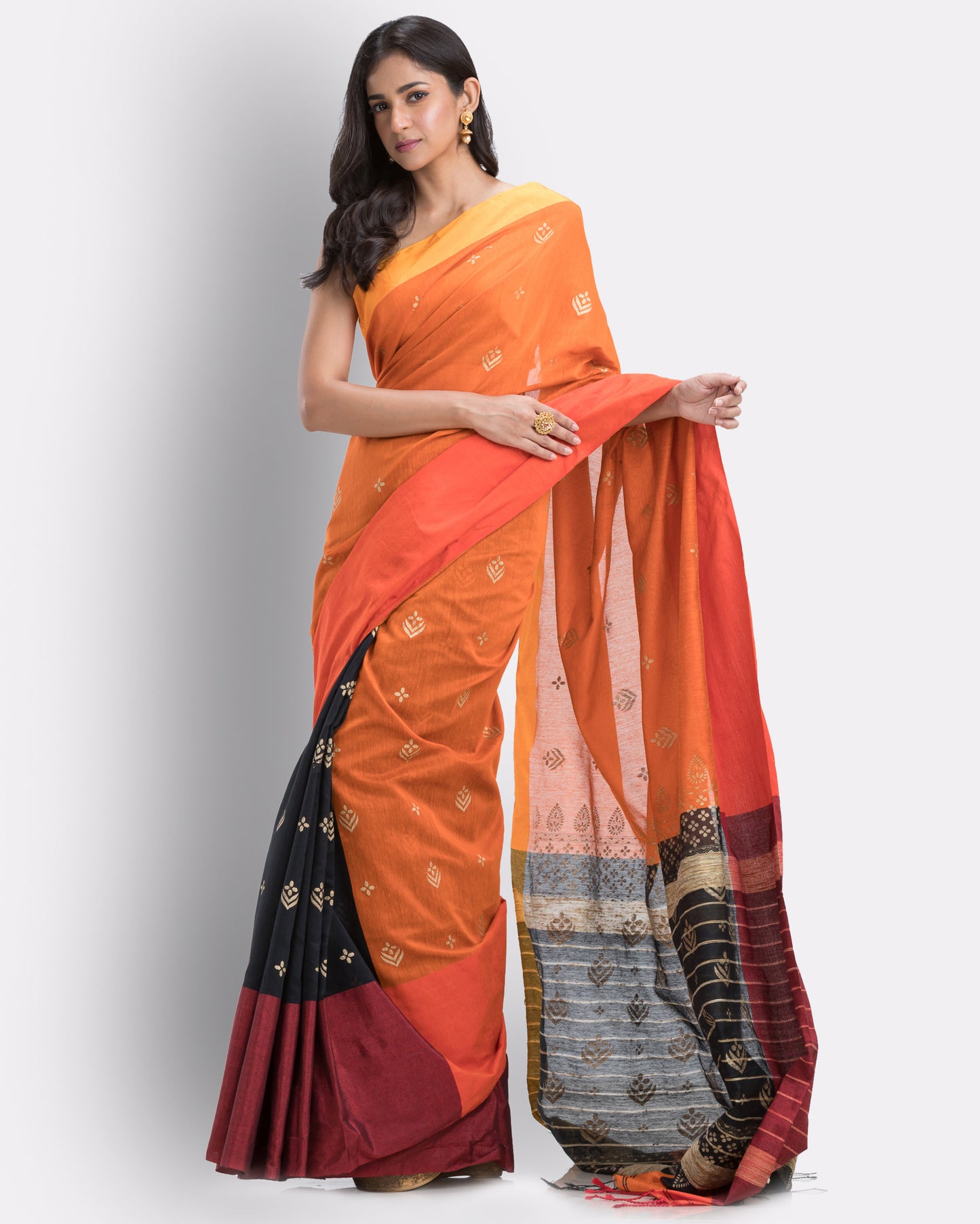 Handwoven Printed Orange Festive Cotton Blend Saree